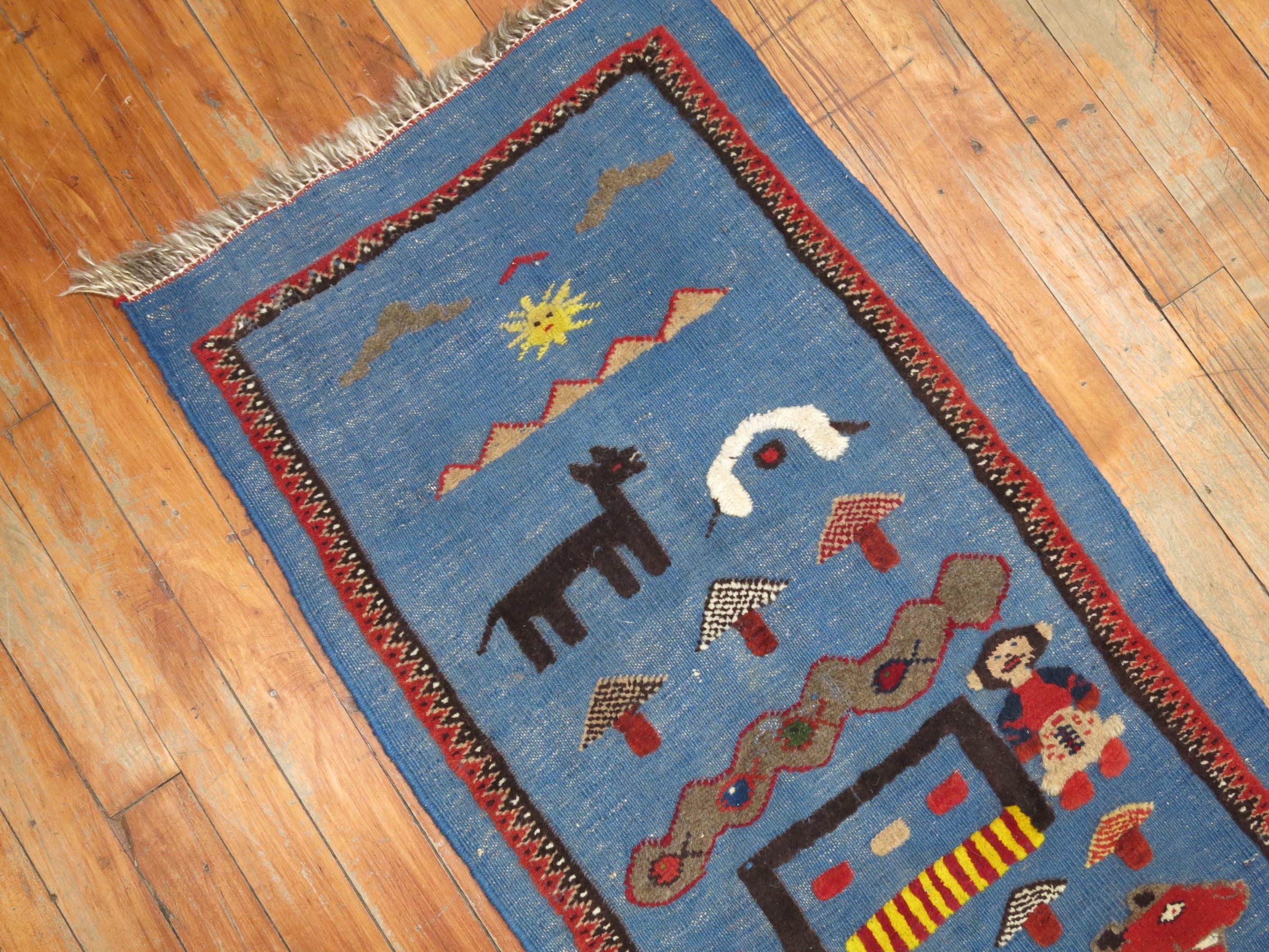 Hand-Woven Blue Vintage Persian Souf Pictorial Kilim For Sale