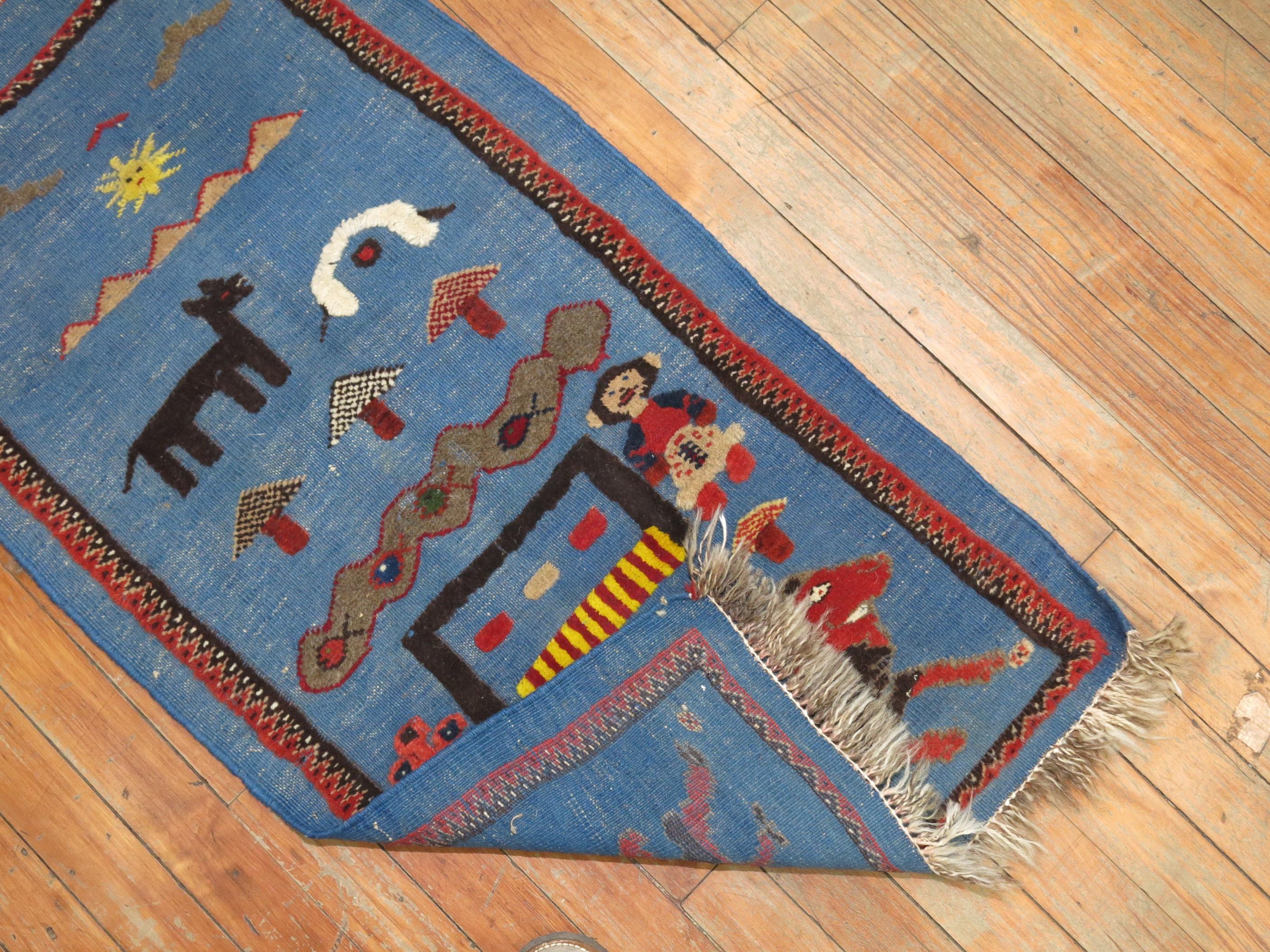Blue Vintage Persian Souf Pictorial Kilim In Good Condition For Sale In New York, NY