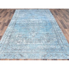 Tappeto zoroastriano Tebraz vintage blu, effetto rustico, in lana consumata e sovratinta, annodato a mano