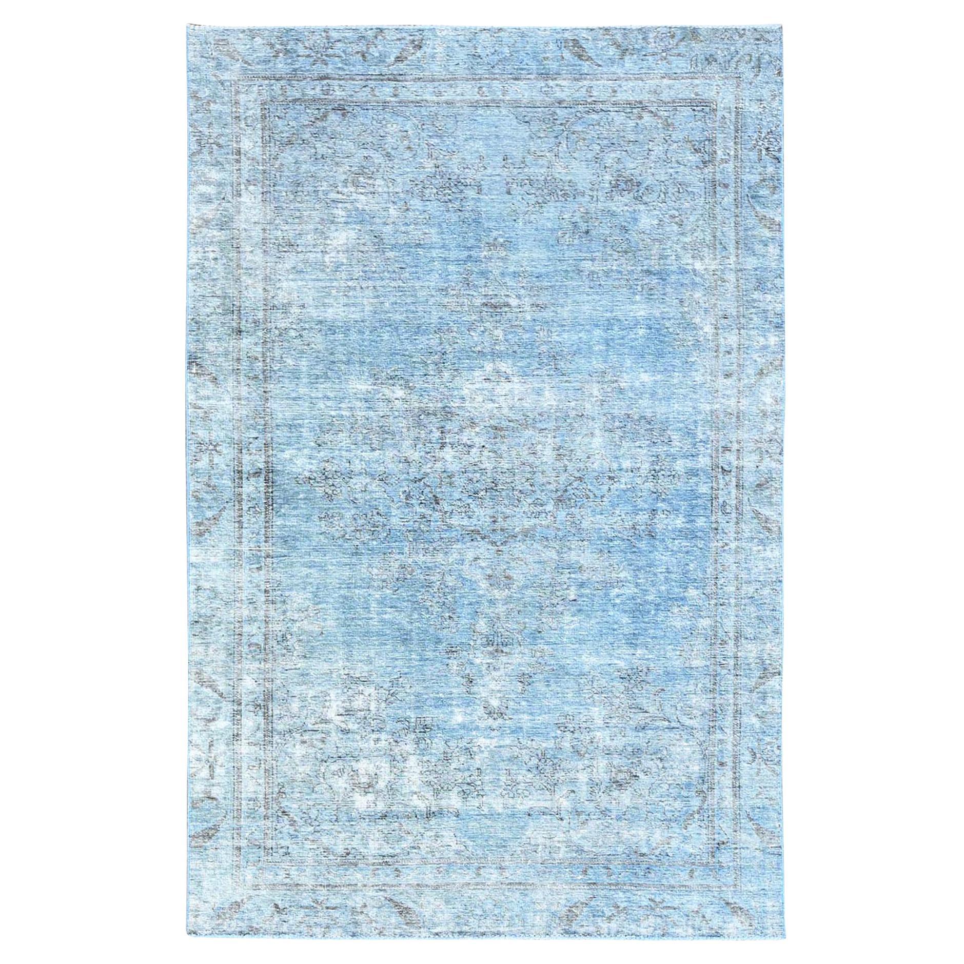 Blue Vintage Persian Tabriz Distressed Look Overdyed Worn Wool Hand Knotted Rug