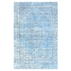 Blue Retro Persian Tabriz Distressed Look Overdyed Worn Wool Hand Knotted Rug