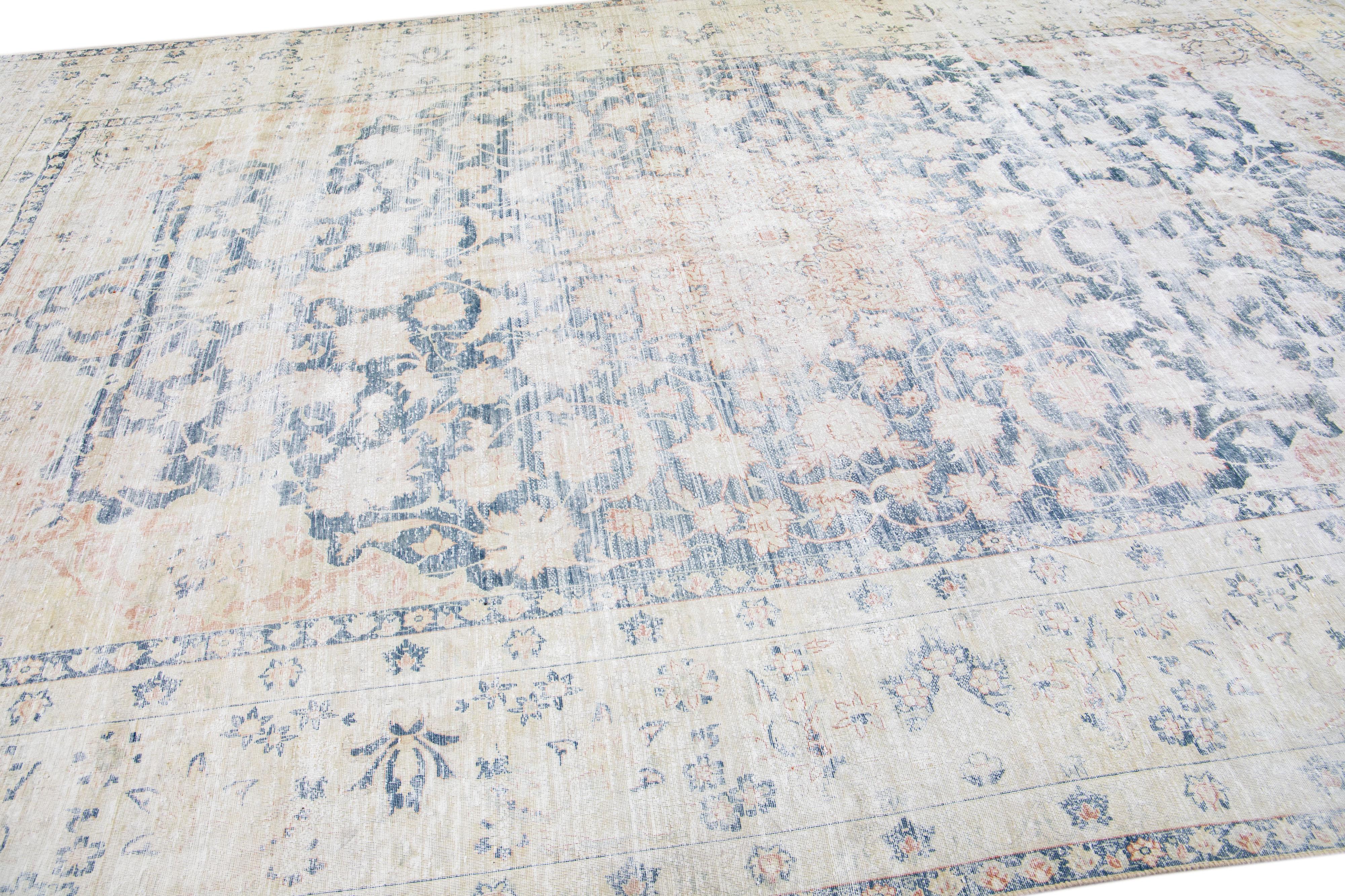 Blue Vintage Persian Tabriz Handmade Wool Rug with Medallion Motif In Distressed Condition For Sale In Norwalk, CT