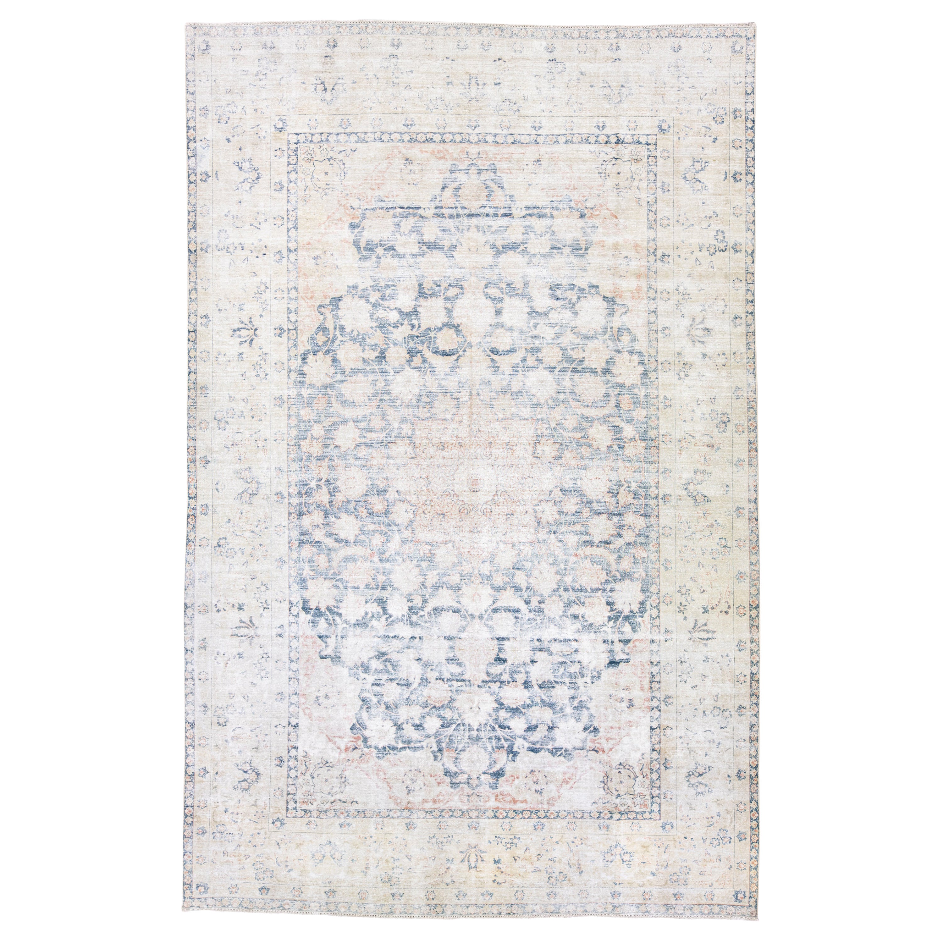 Tappeto vintage blu in lana persiana Tabriz fatto a mano con motivo a medaglione