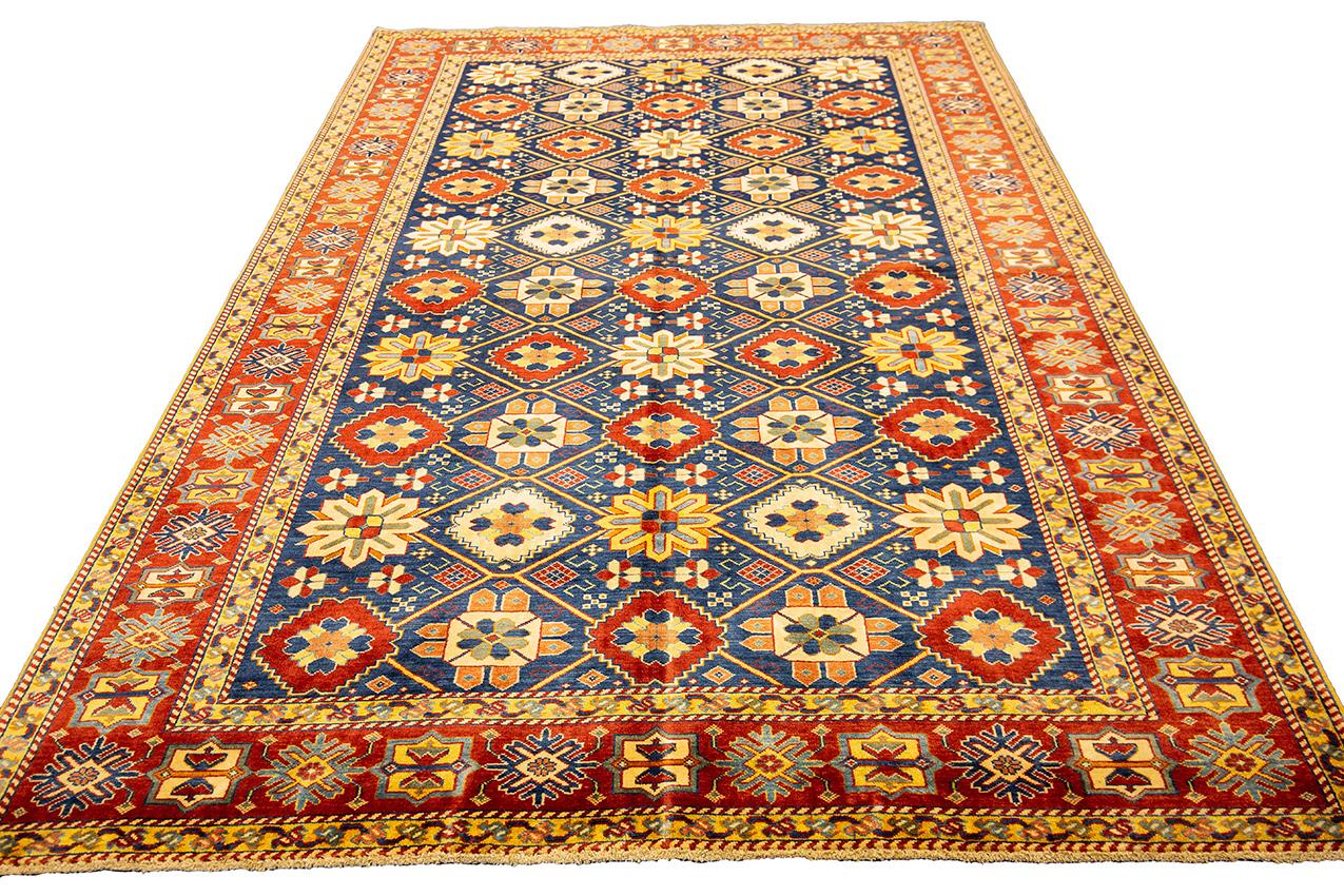 Uzbek Blue Vintage Rug Yadan Wool Geometric Design For Sale