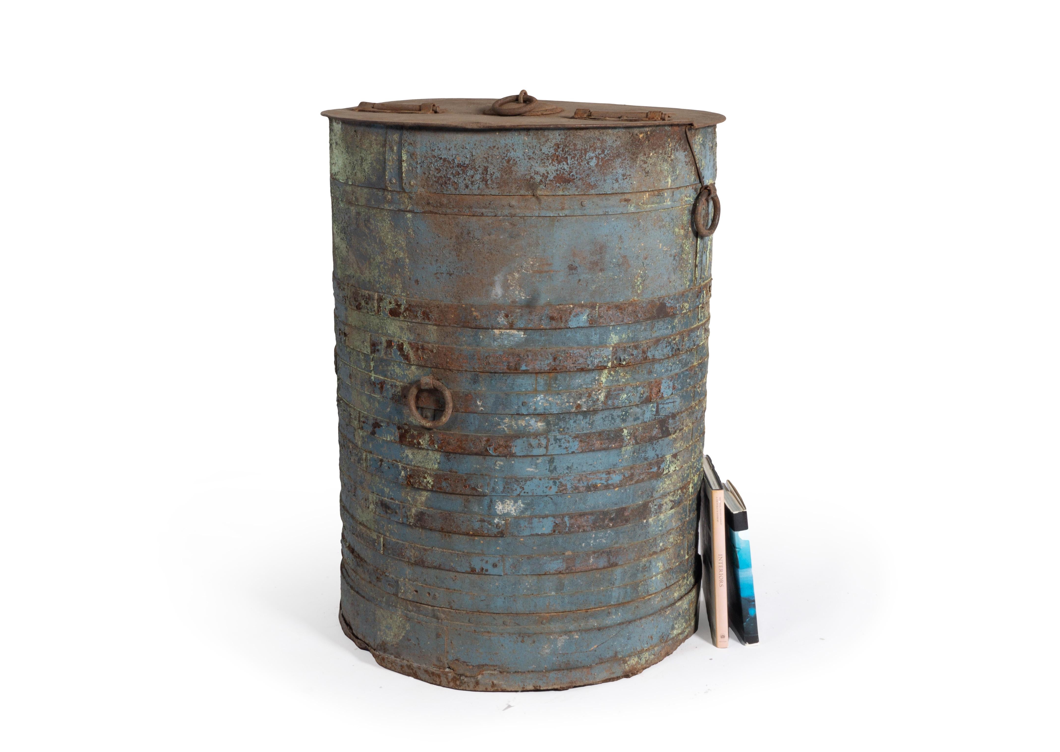 This vintage European storage bin is a great element to add to your indoor or outdoor space to add contrast in texture and color. This one of a kind storage bin is heavily weathered and rusted finish through which the original blue paint patina