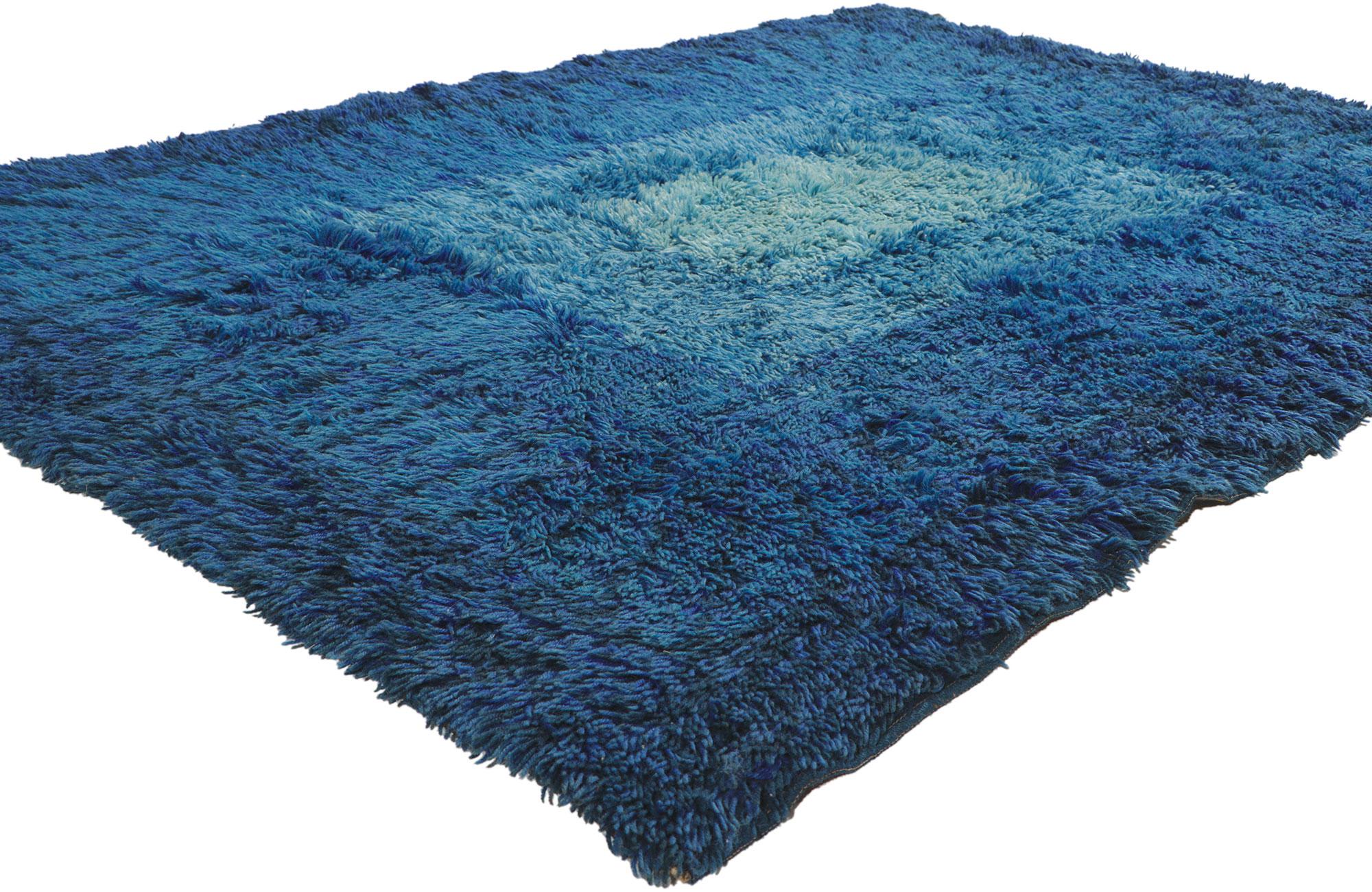 78511 Vintage Swedish Rya Rug, 04'05 x 06'02.
Emanating Scandinavian Modern style with incredible detail and texture, this hand knotted Swedish rya rug is a captivating vision of woven beauty. The dynamic geometric design and tonal blue color