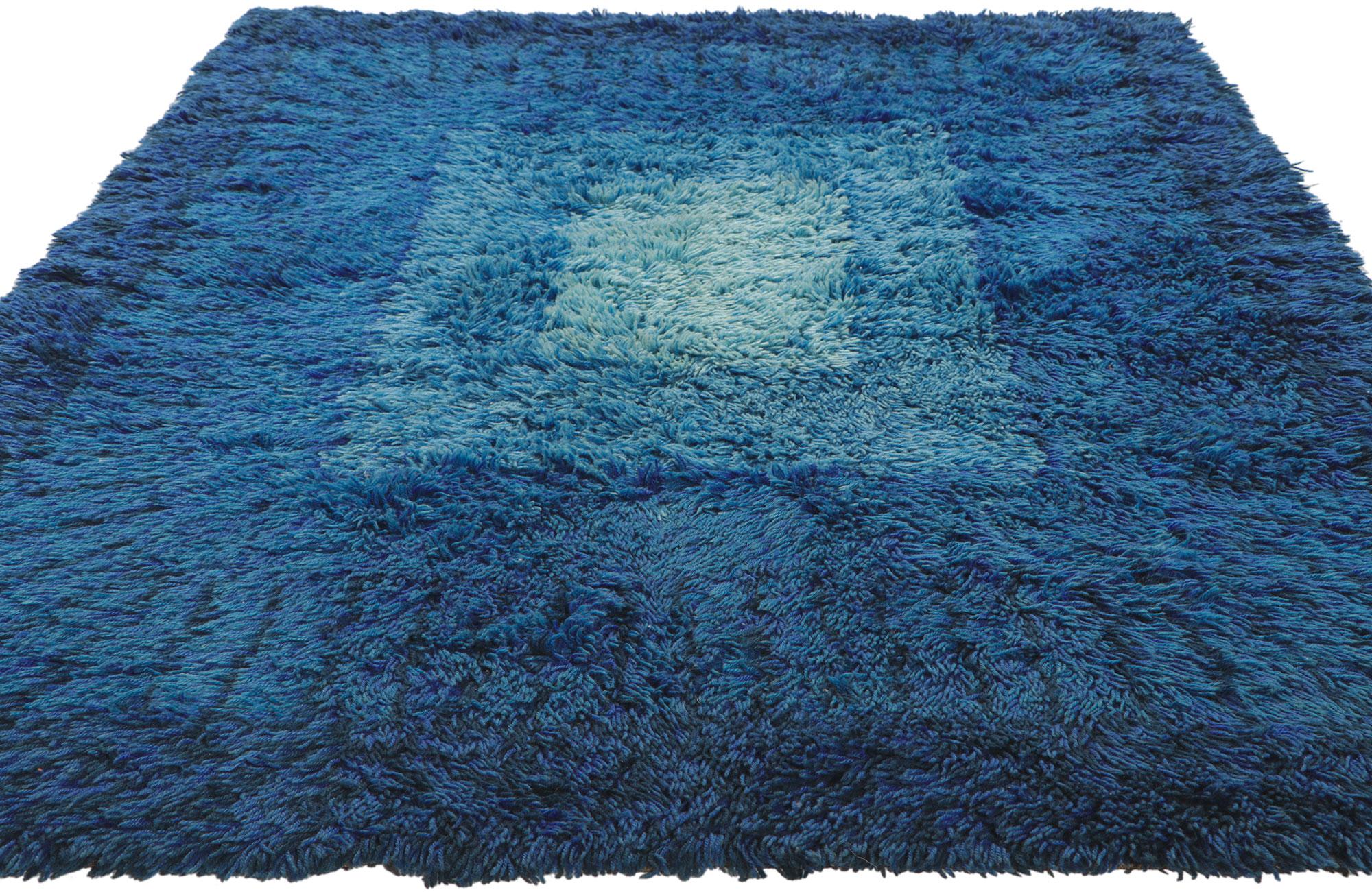 Hand-Knotted Blue Vintage Swedish Rya Rug with Scandinavian Modern Viola Gråsten Style For Sale