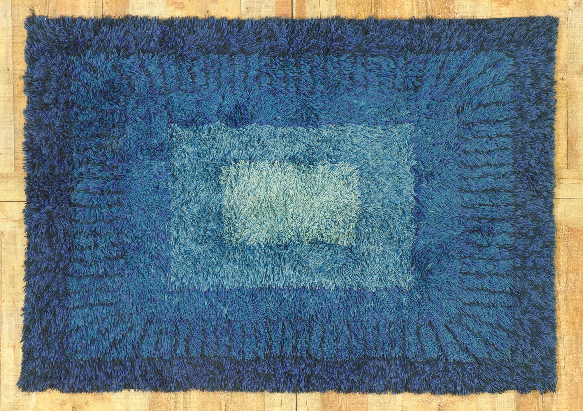 20th Century Blue Vintage Swedish Rya Rug with Scandinavian Modern Viola Gråsten Style For Sale