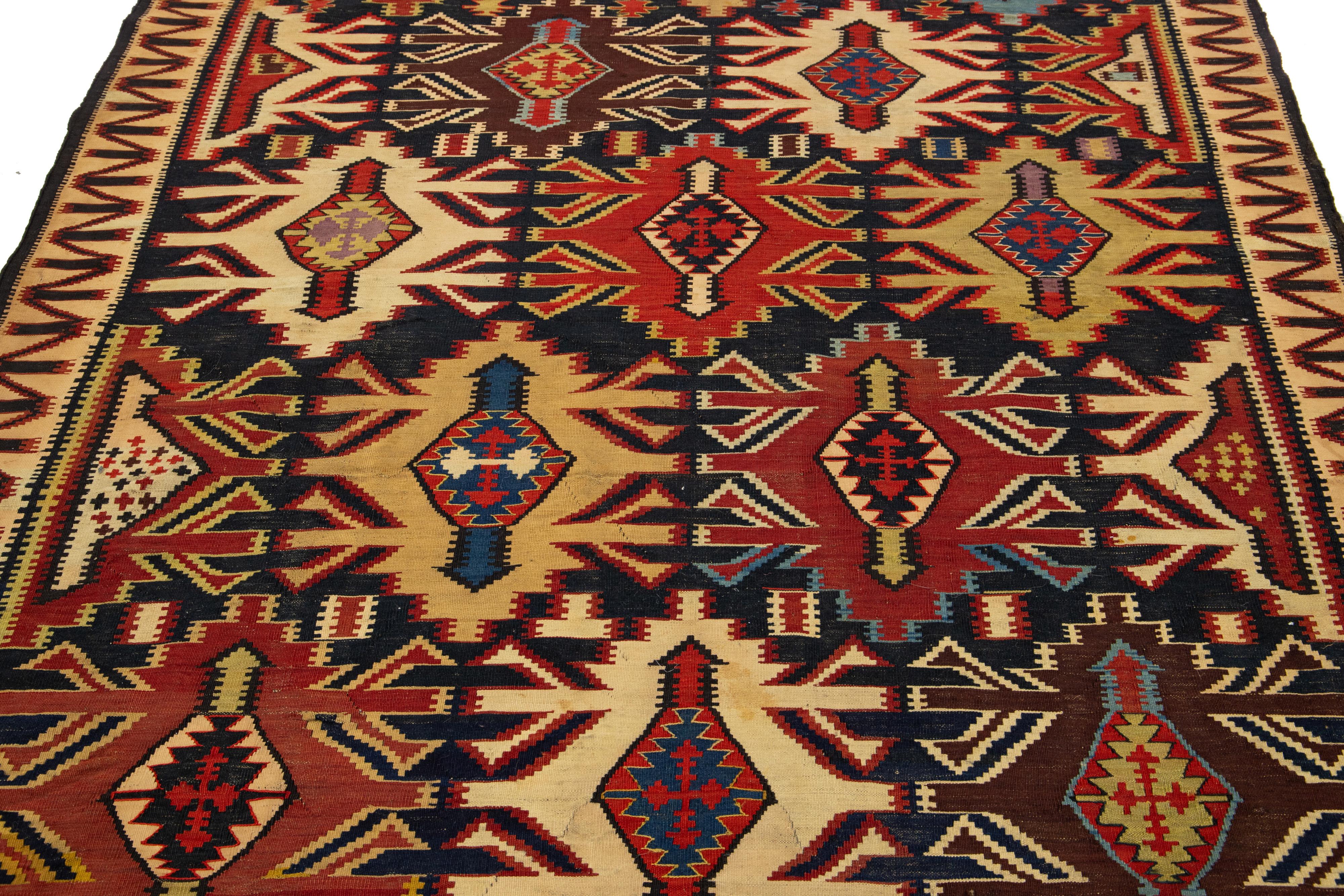 Türkischer Vintage-Kelim-Wollteppich in Blau mit geometrischem Allover-Design (Spätes 19. Jahrhundert) im Angebot