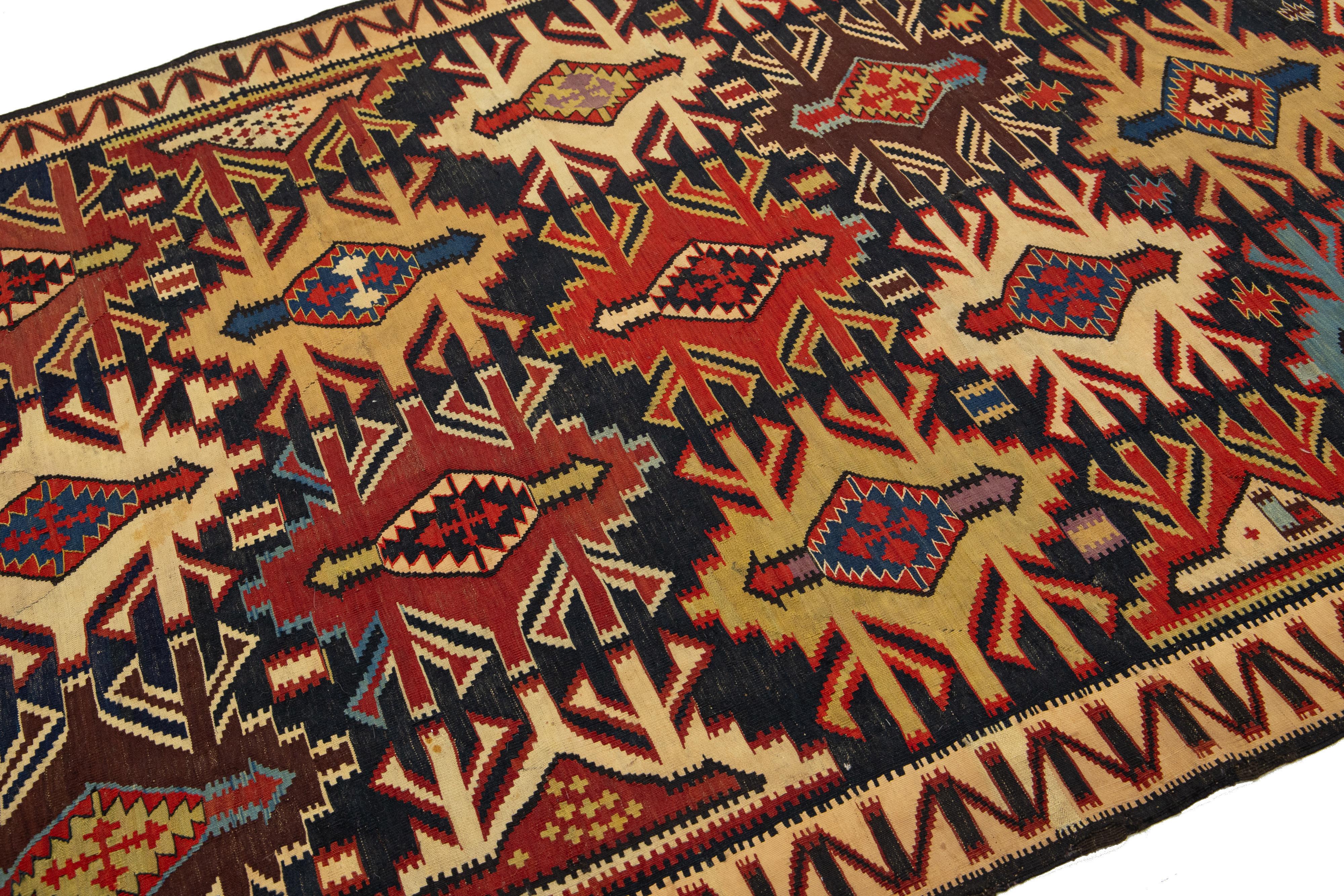 Türkischer Vintage-Kelim-Wollteppich in Blau mit geometrischem Allover-Design im Angebot 2