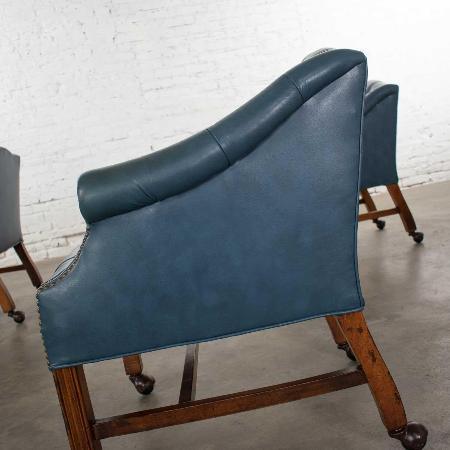 Blue Vinyl Faux Leather Chinese Chippendale Tub Style Rolling Game Chairs Set 4 5