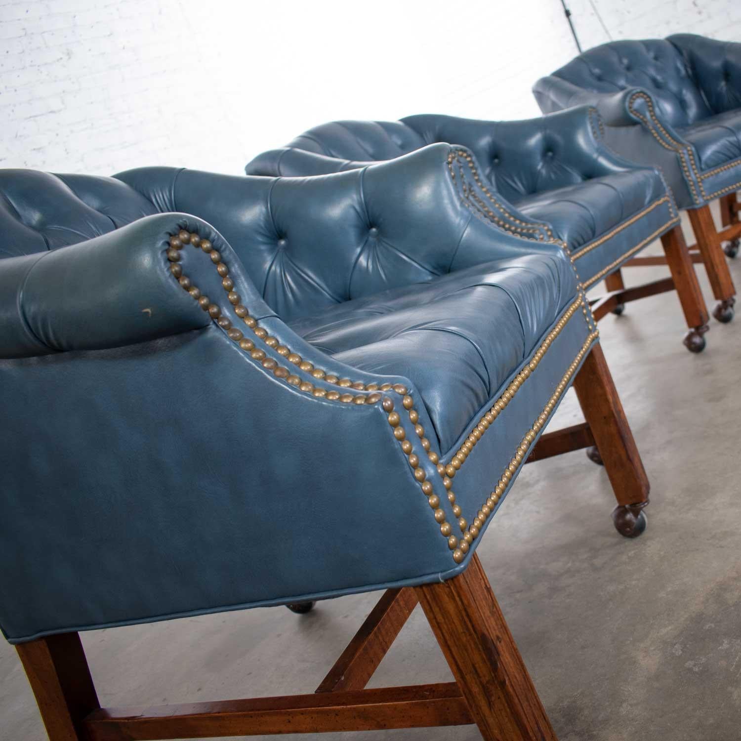 Blue Vinyl Faux Leather Chinese Chippendale Tub Style Rolling Game Chairs Set 4 8