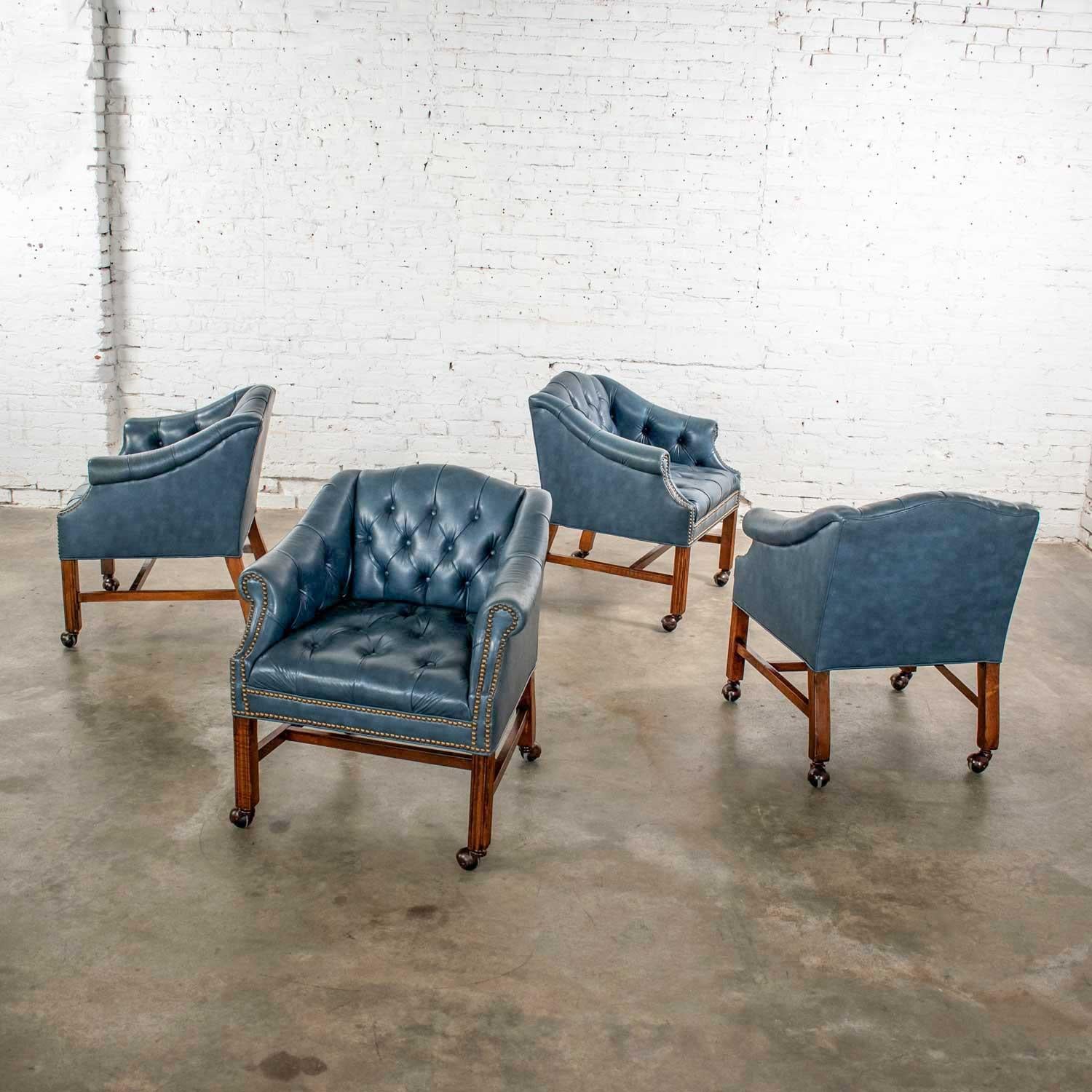 Blue Vinyl Faux Leather Chinese Chippendale Tub Style Rolling Game Chairs Set 4 10