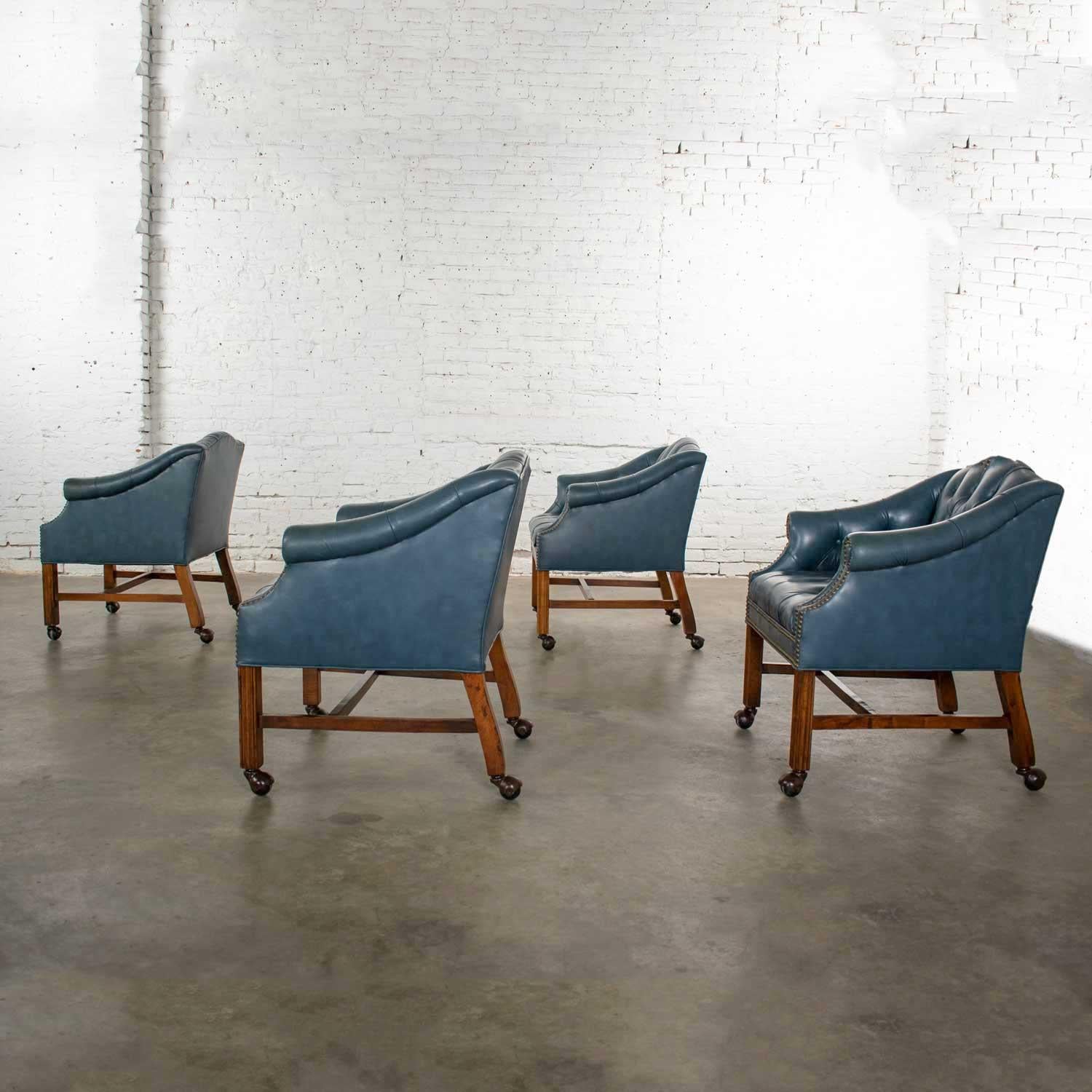 Unknown Blue Vinyl Faux Leather Chinese Chippendale Tub Style Rolling Game Chairs Set 4
