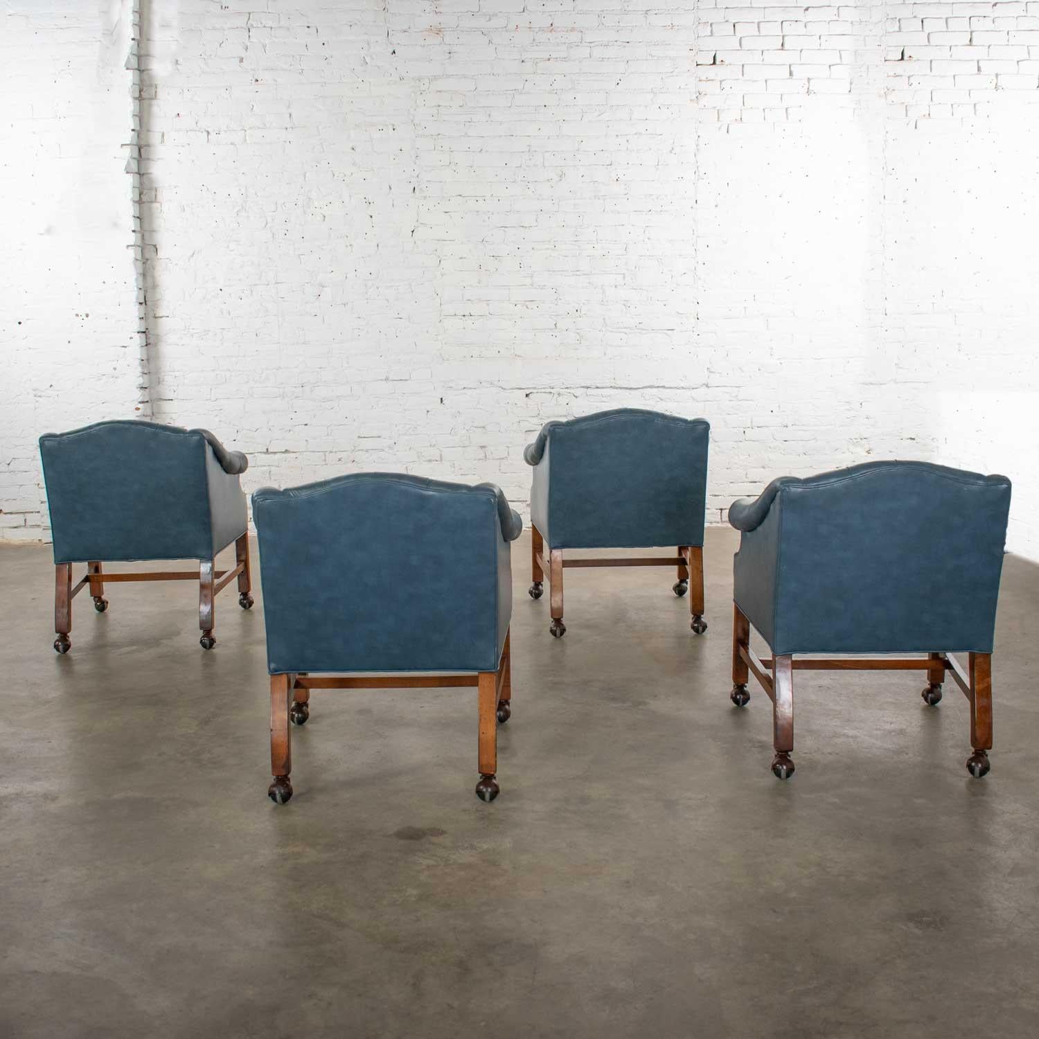 Blue Vinyl Faux Leather Chinese Chippendale Tub Style Rolling Game Chairs Set 4 In Good Condition In Topeka, KS