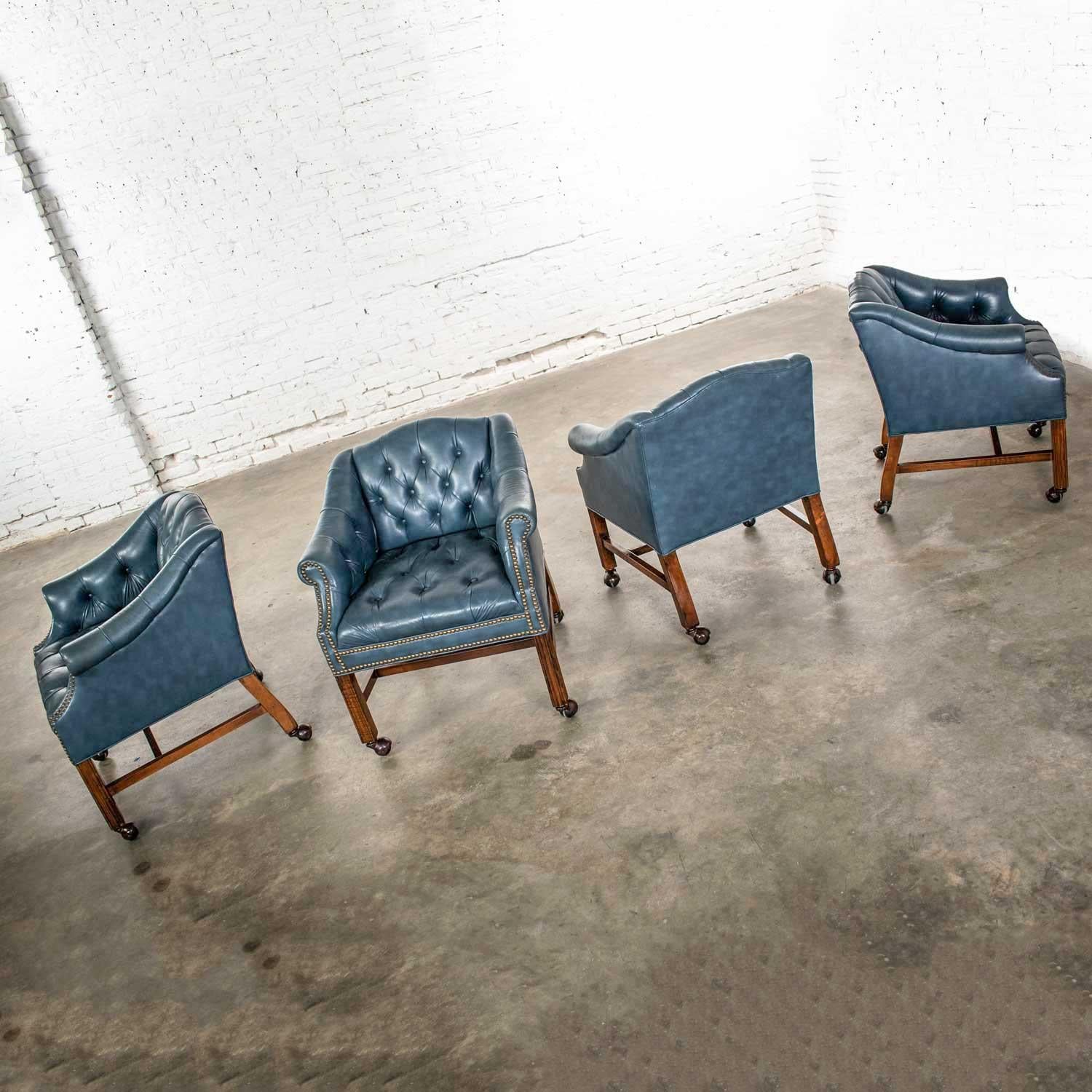 20th Century Blue Vinyl Faux Leather Chinese Chippendale Tub Style Rolling Game Chairs Set 4
