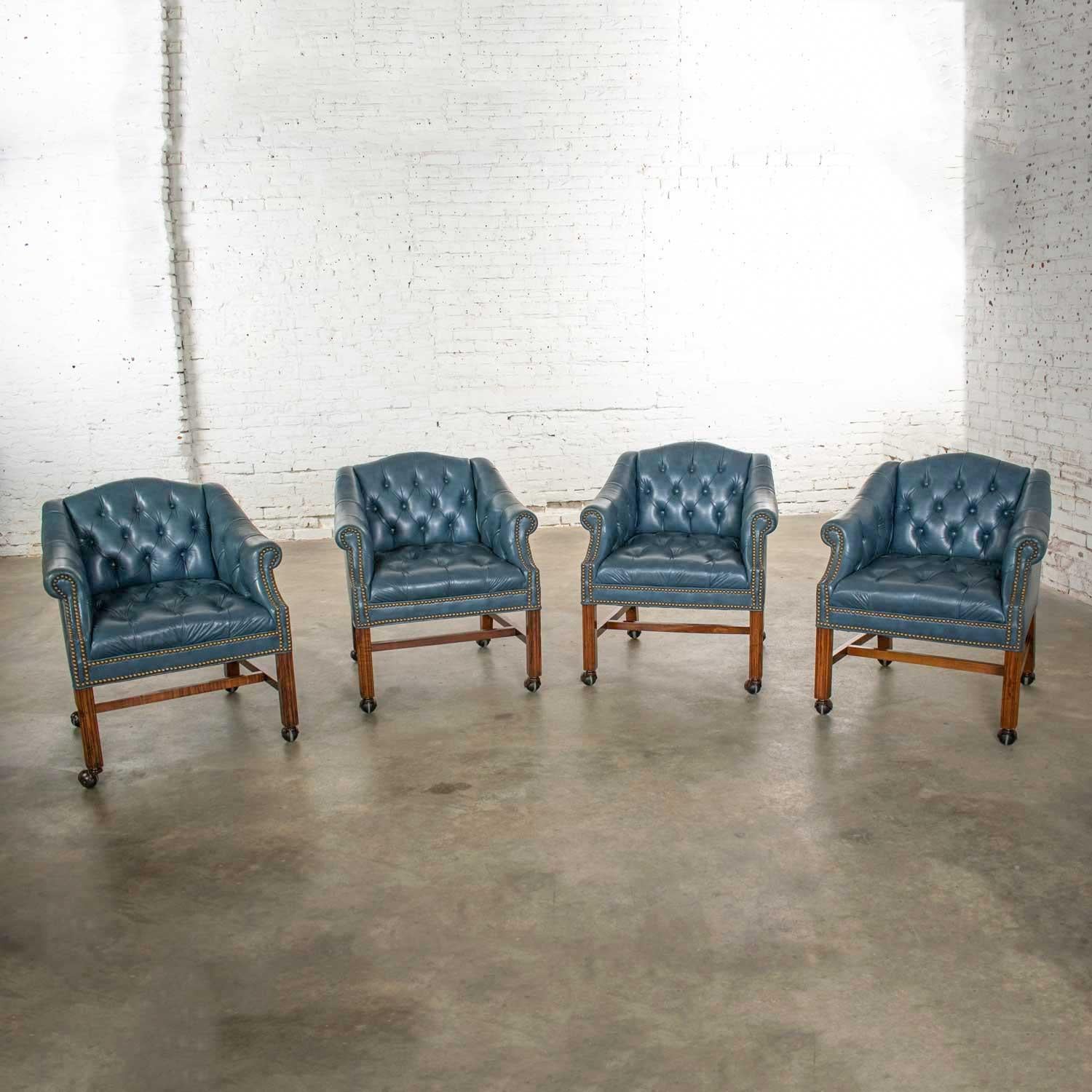 Blue Vinyl Faux Leather Chinese Chippendale Tub Style Rolling Game Chairs Set 4 1
