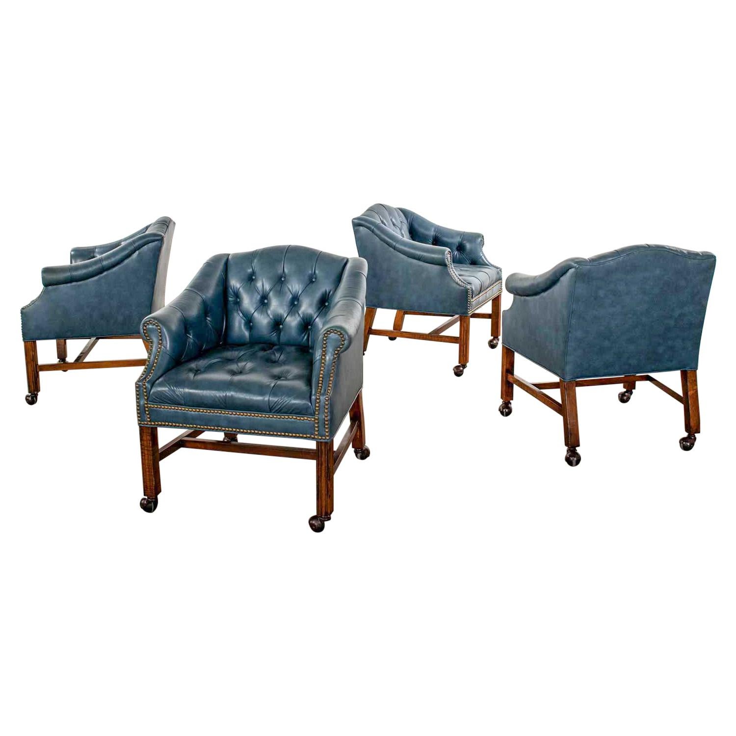 Blue Vinyl Faux Leather Chinese Chippendale Tub Style Rolling Game Chairs Set 4