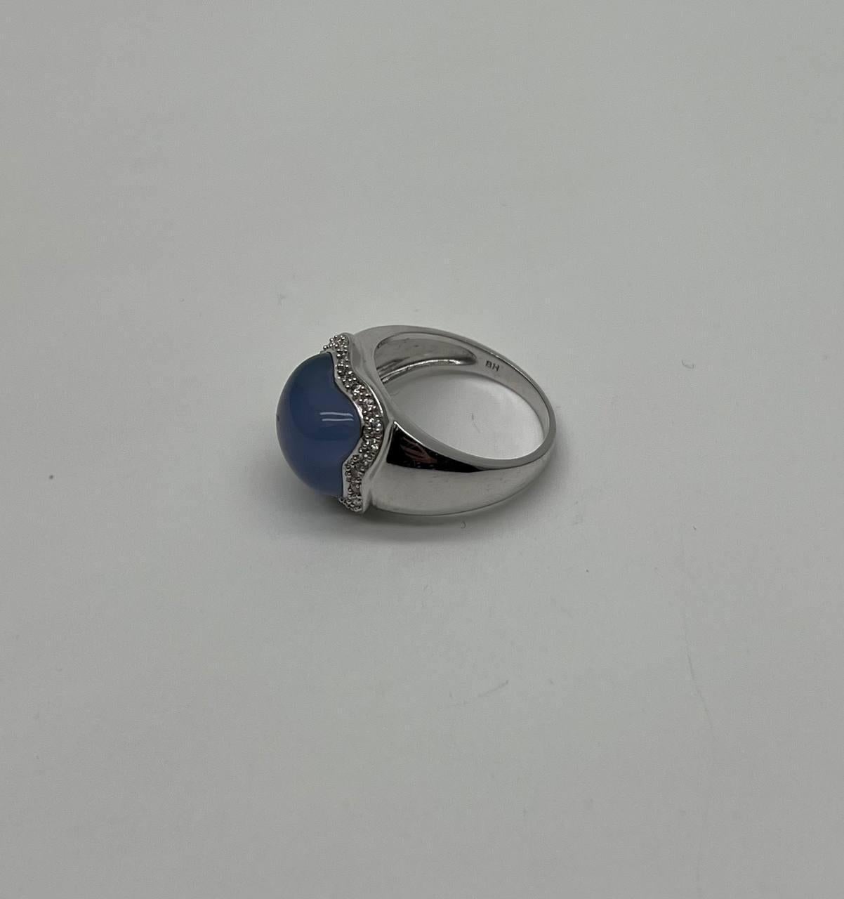 Blue Violet Chalcedony Cabochon Shape 14K White Gold Diamond Halo Set Ring In New Condition For Sale In Oakton, VA