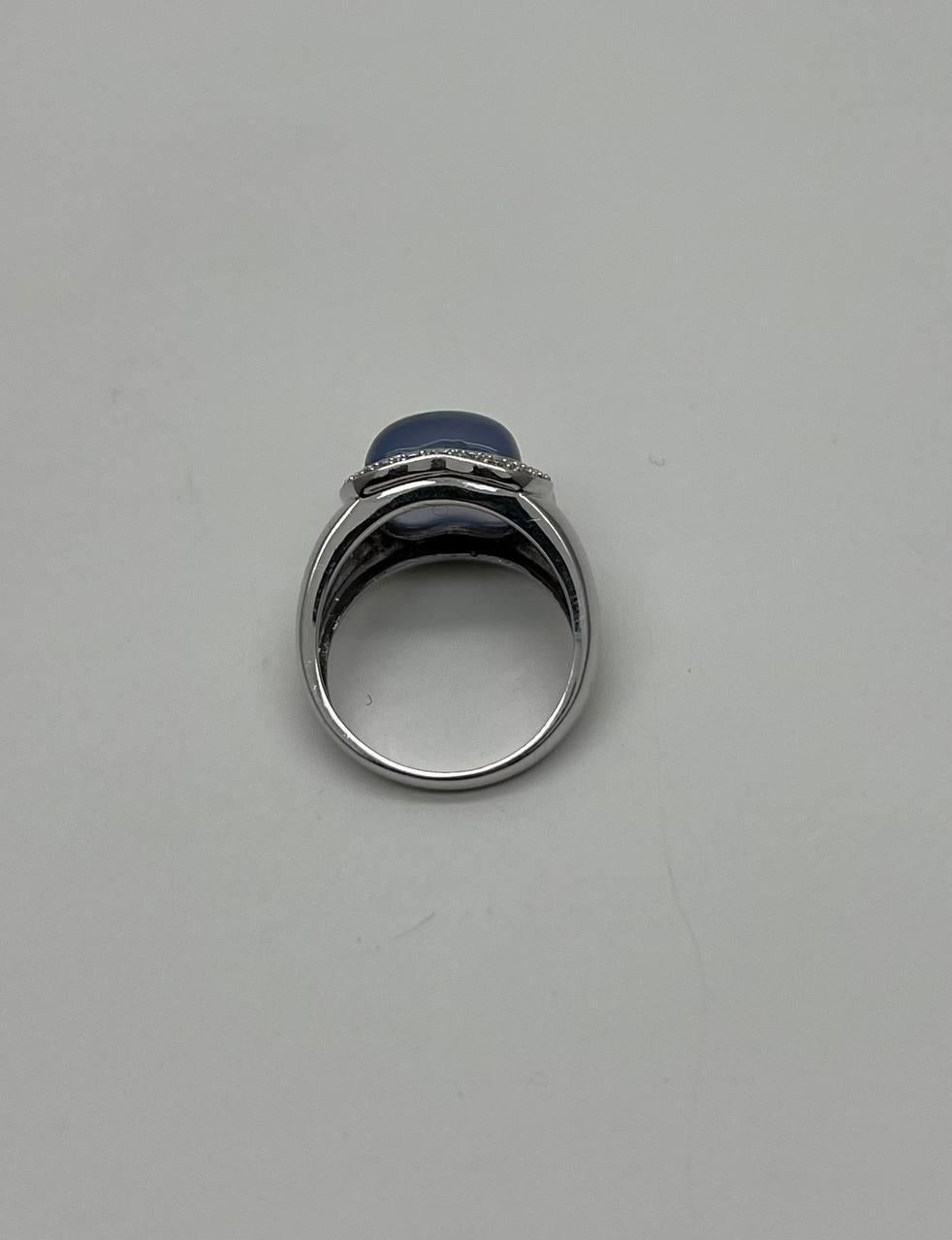 Women's Blue Violet Chalcedony Cabochon Shape 14K White Gold Diamond Halo Set Ring For Sale