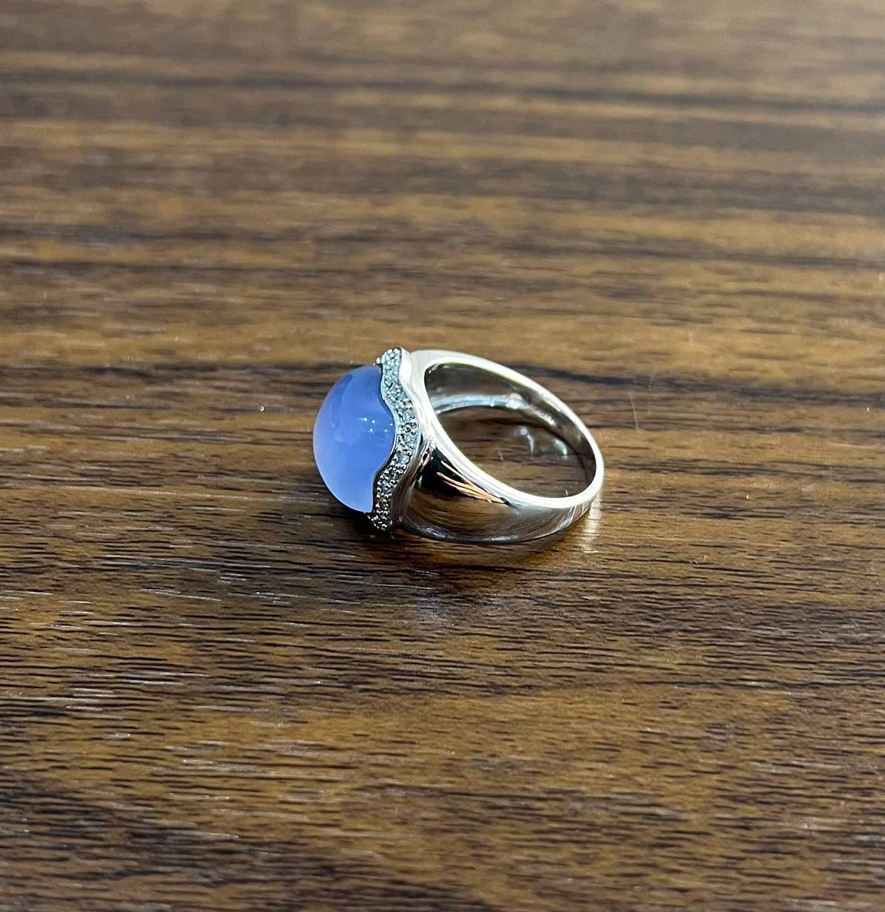 Blue Violet Chalcedony Cabochon Shape 14K White Gold Diamond Halo Set Ring For Sale 2
