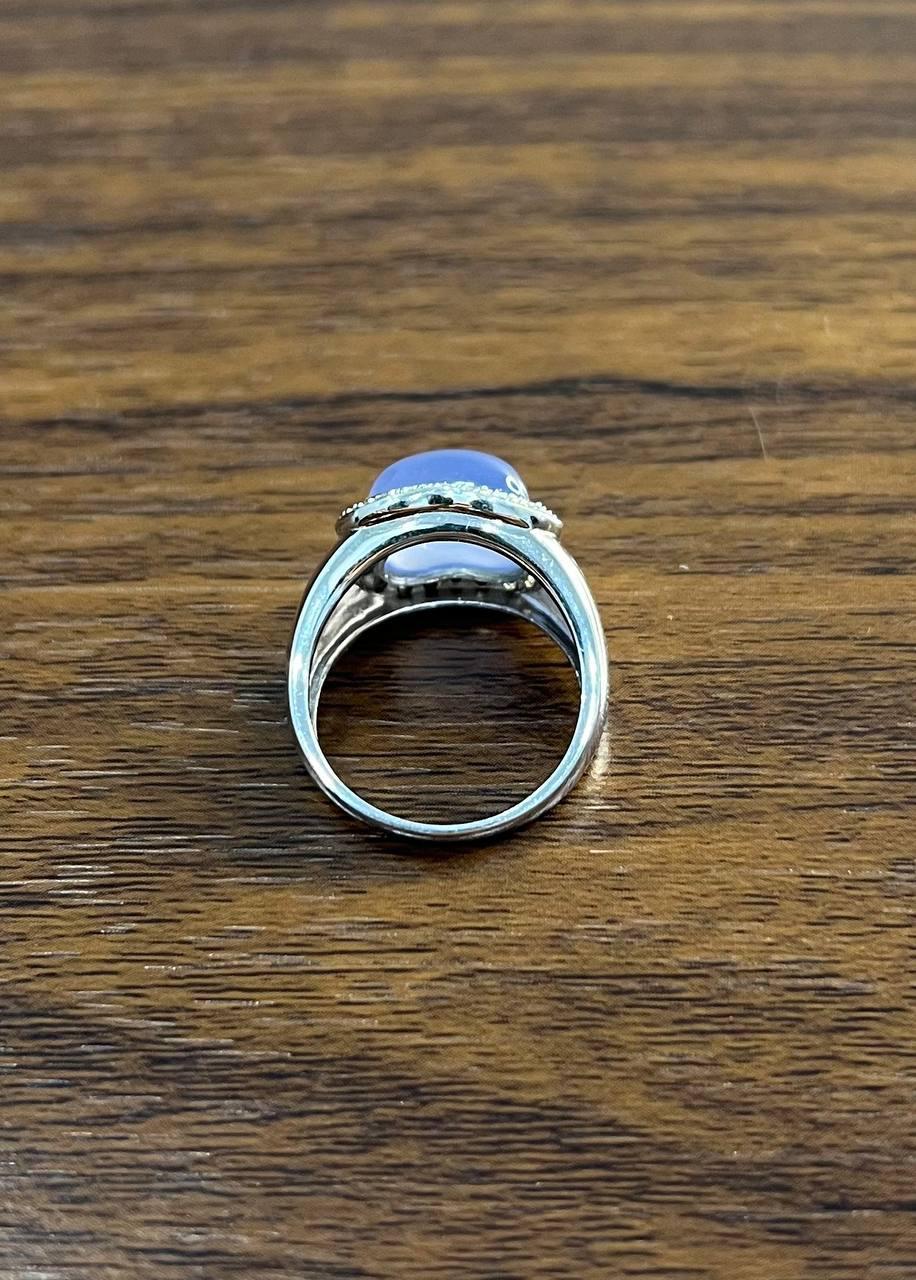 Blue Violet Chalcedony Cabochon Shape 14K White Gold Diamond Halo Set Ring For Sale 4