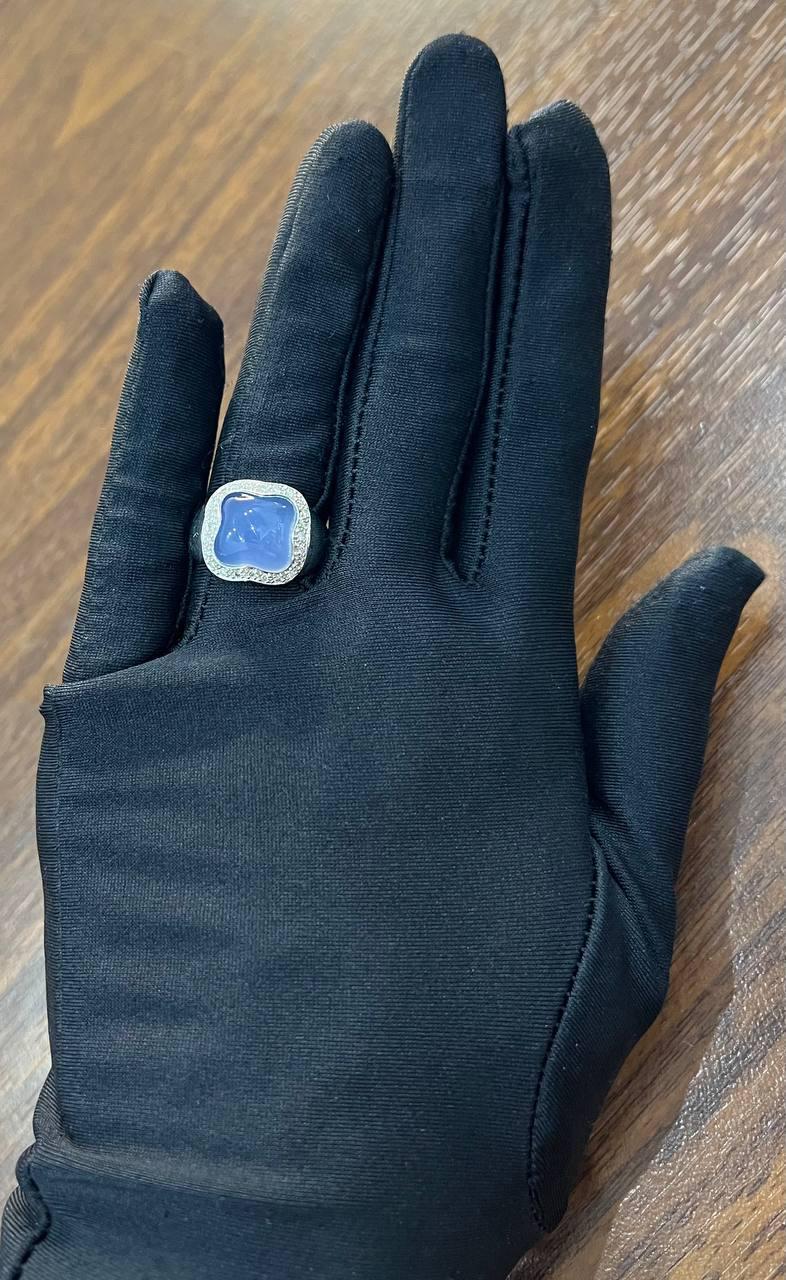 Blue Violet Chalcedony Cabochon Shape 14K White Gold Diamond Halo Set Ring For Sale 5