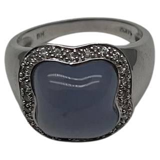 Blue Violet Chalcedony Cabochon Shape 14K White Gold Diamond Halo Set Ring