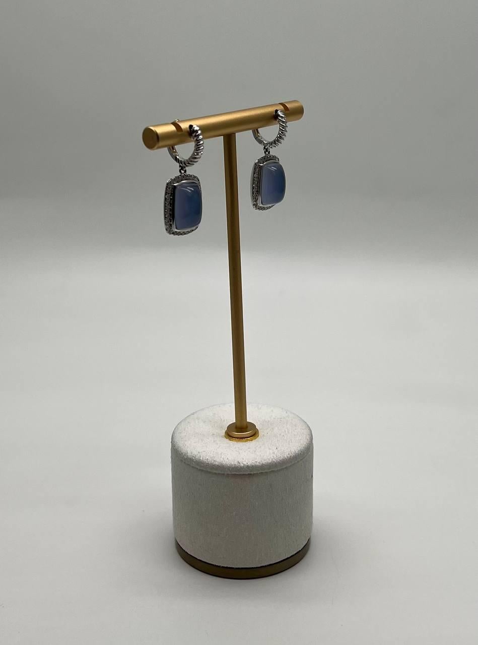 Mixed Cut Blue Violet Chalcedony Diamond Halo 14K White Gold Statement Huggie Earrings For Sale