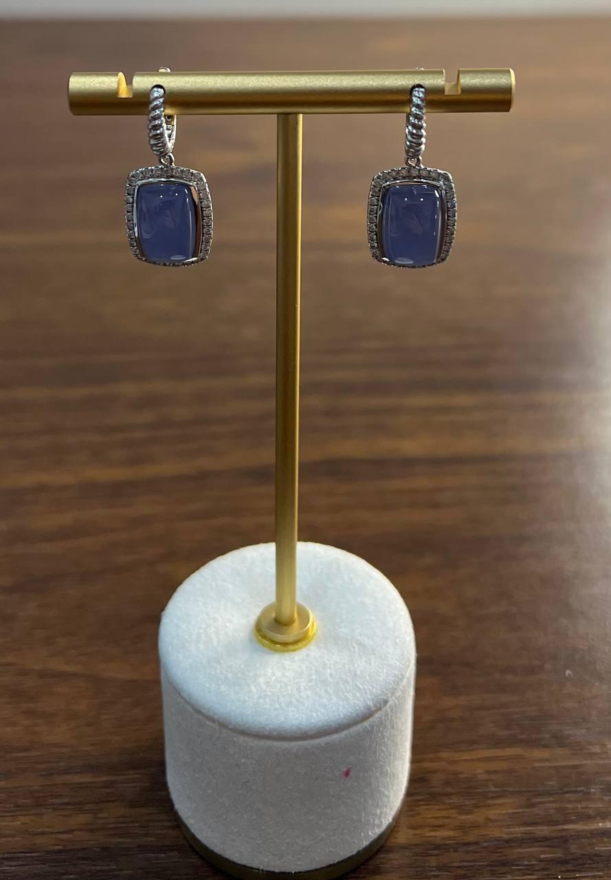 Women's Blue Violet Chalcedony Diamond Halo 14K White Gold Statement Huggie Earrings For Sale
