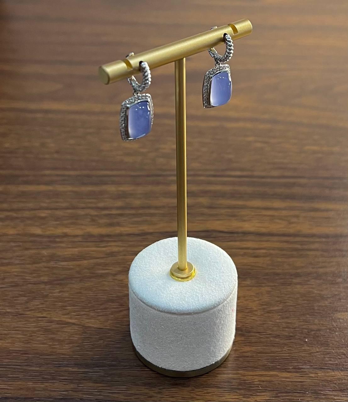 Blue Violet Chalcedony Diamond Halo 14K White Gold Statement Huggie Earrings For Sale 2