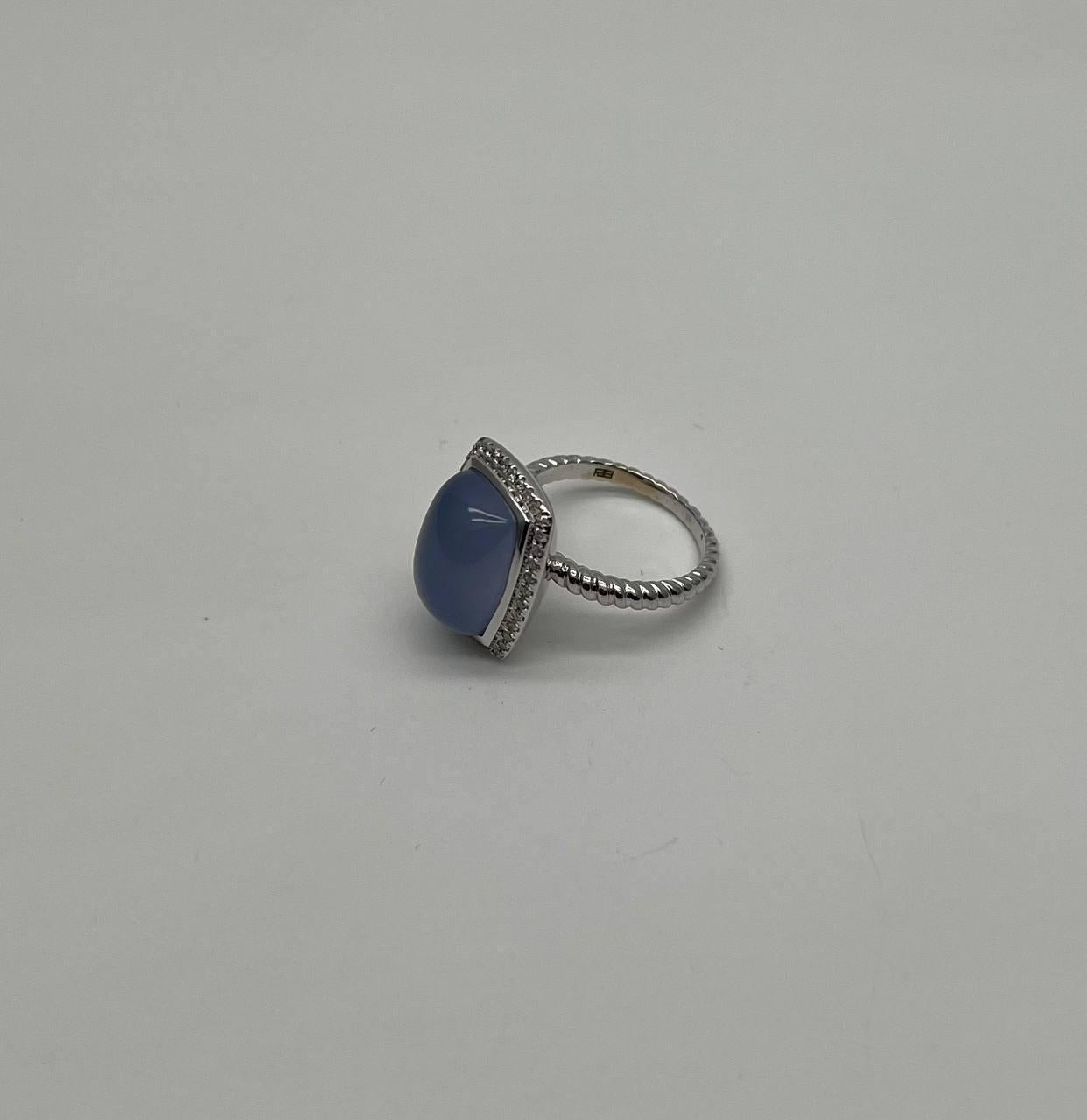 Mixed Cut Blue Violet Chalcedony Diamond Halo 14K White Gold Statement Huggie Ring For Sale
