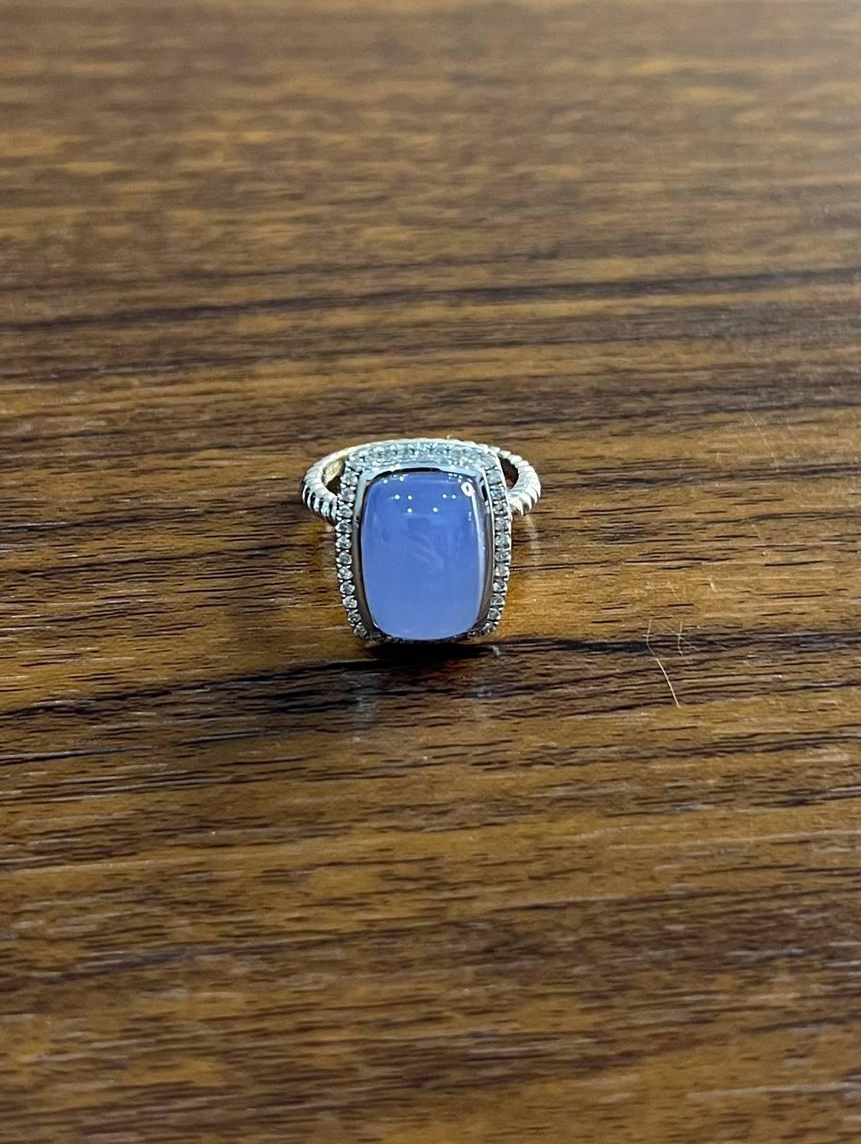 Blue Violet Chalcedony Diamond Halo 14K White Gold Statement Huggie Ring In New Condition For Sale In Oakton, VA