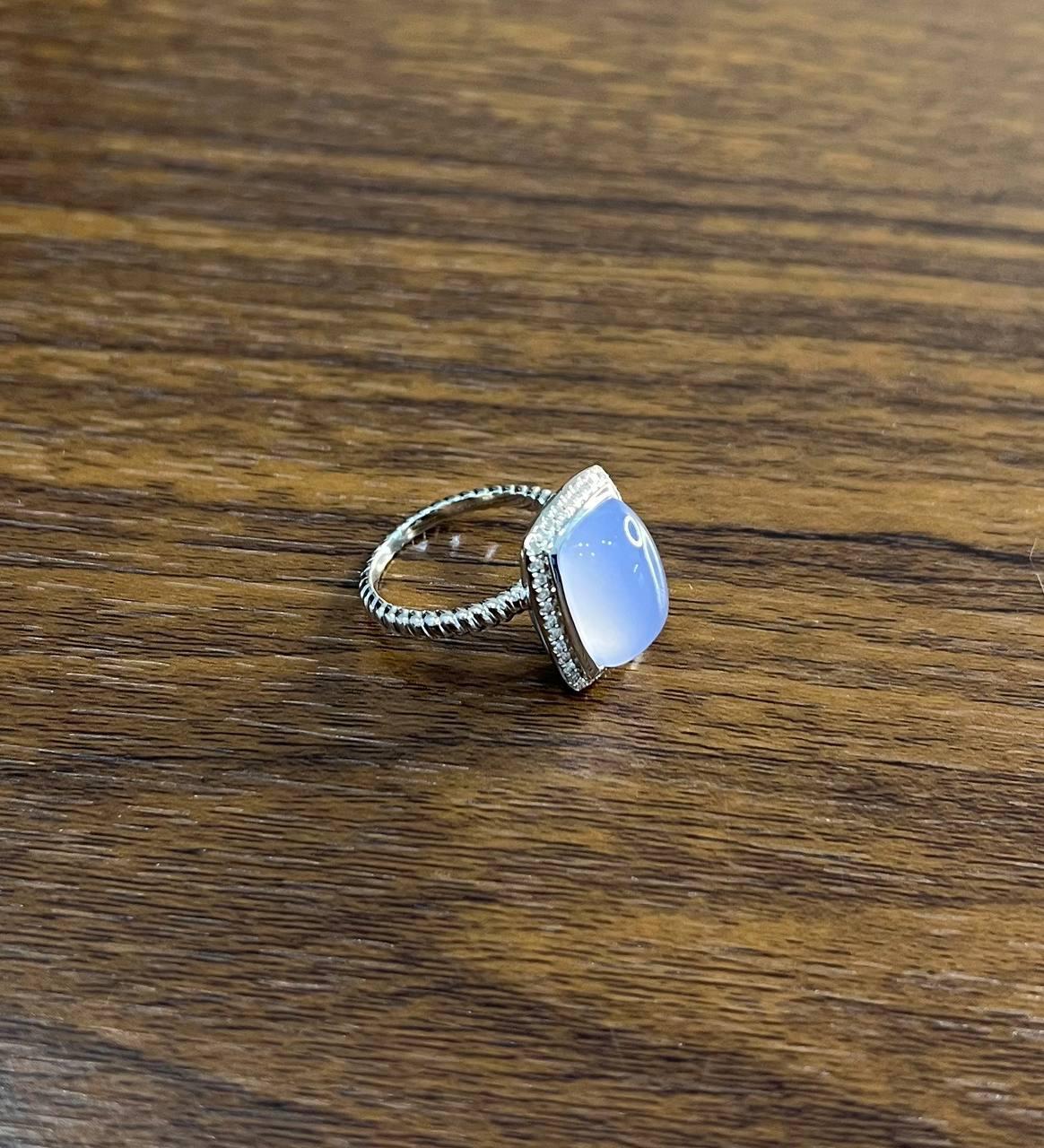 Women's Blue Violet Chalcedony Diamond Halo 14K White Gold Statement Huggie Ring For Sale