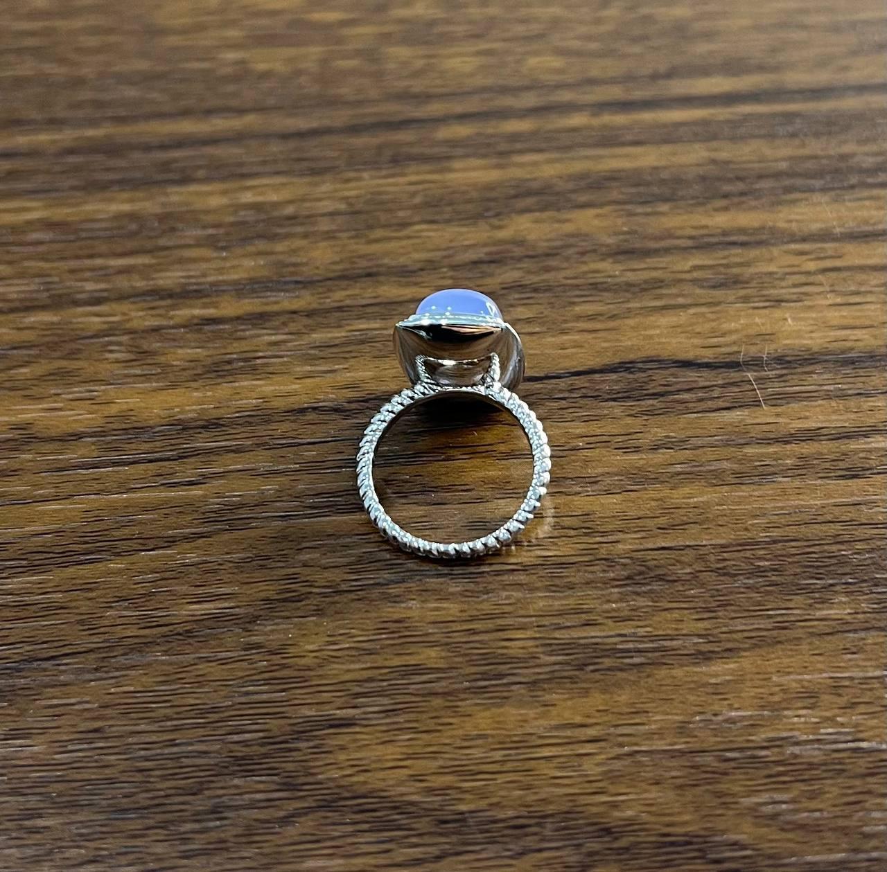 Blue Violet Chalcedony Diamond Halo 14K White Gold Statement Huggie Ring For Sale 1