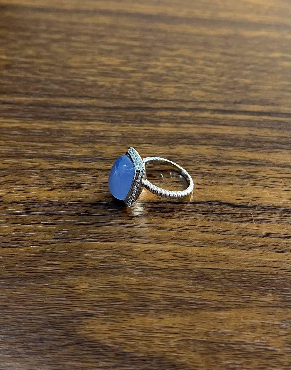 Blue Violet Chalcedony Diamond Halo 14K White Gold Statement Huggie Ring For Sale 2