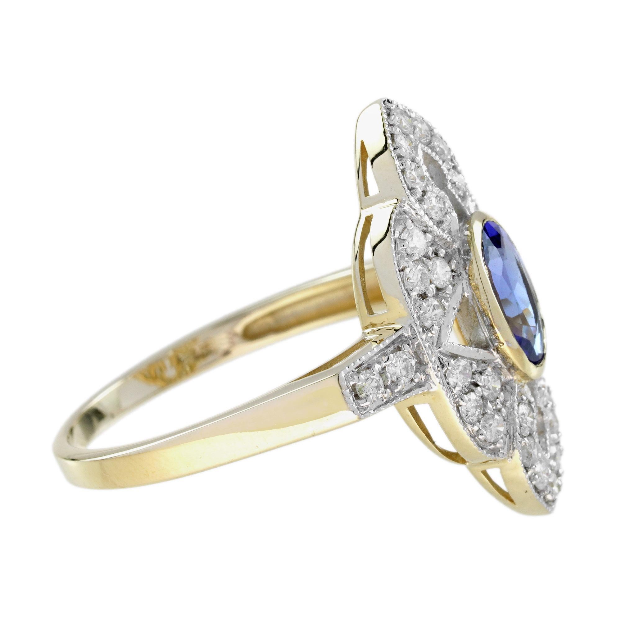 Art Déco Blue Violet Tanzanite & Diamonds Halo Art Deco Style Statement Gold Ring in vendita