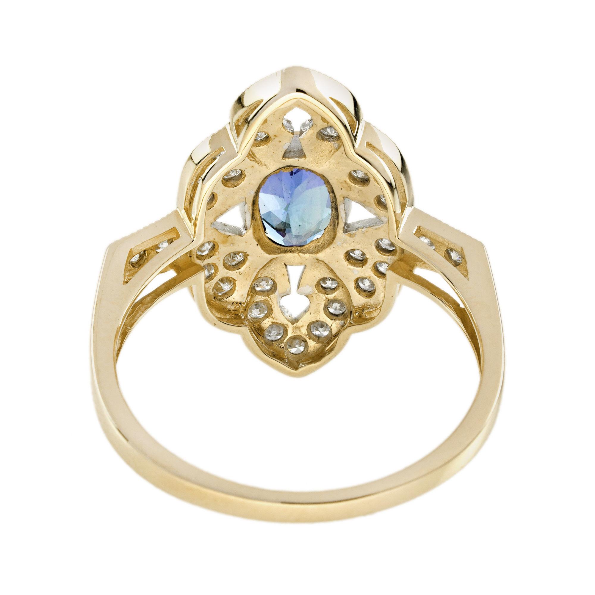 Taglio ovale Blue Violet Tanzanite & Diamonds Halo Art Deco Style Statement Gold Ring in vendita