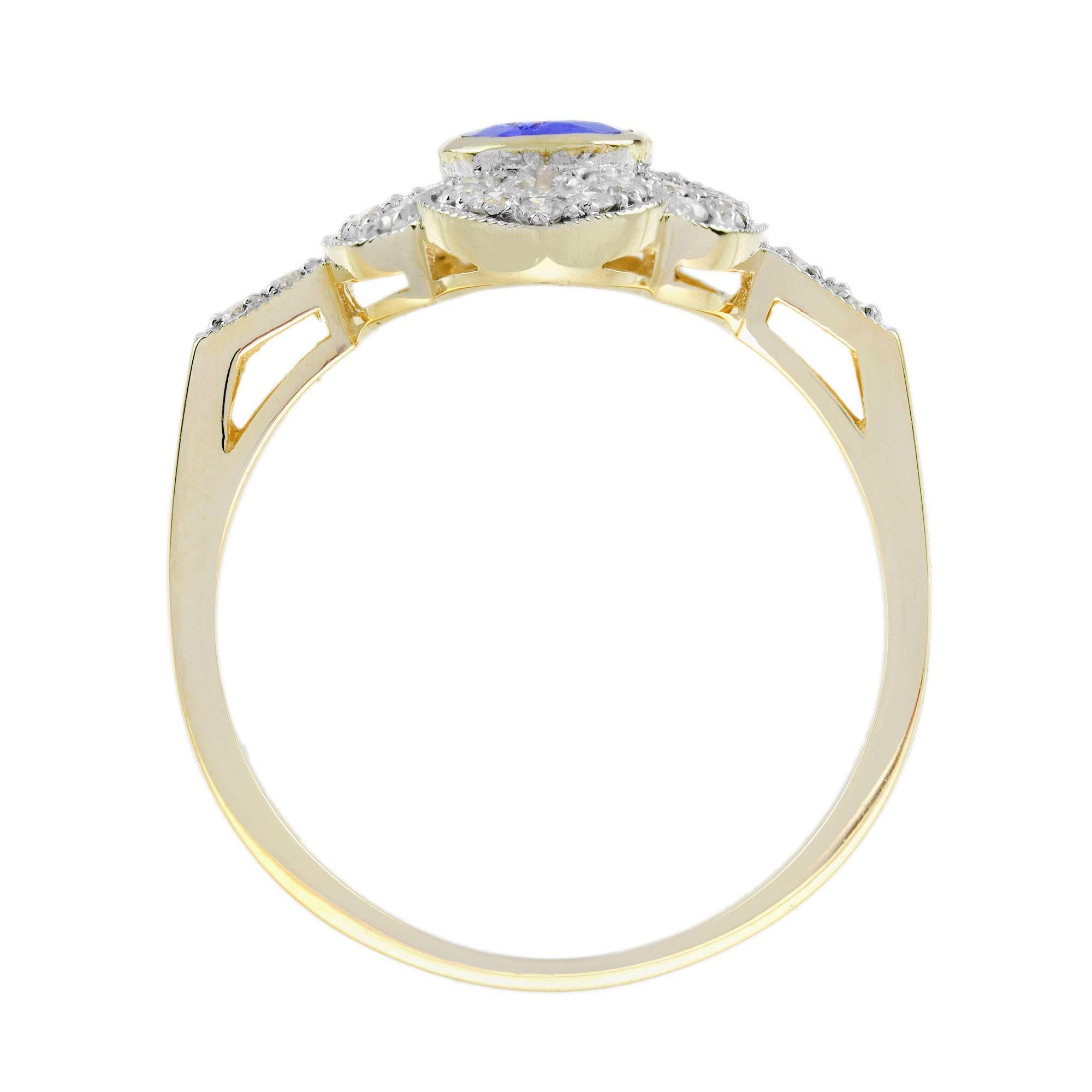 Blue Violet Tanzanite & Diamonds Halo Art Deco Style Statement Gold Ring In condizioni Nuovo in vendita a Oakton, VA