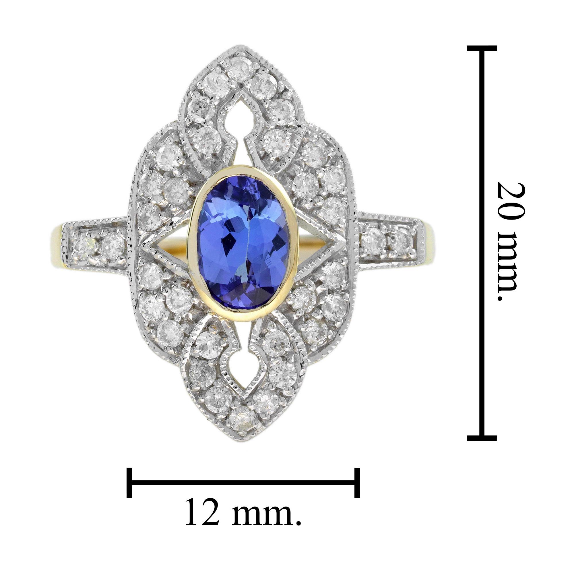 Blue Violet Tanzanite & Diamonds Halo Art Deco Style Statement Gold Ring in vendita 3
