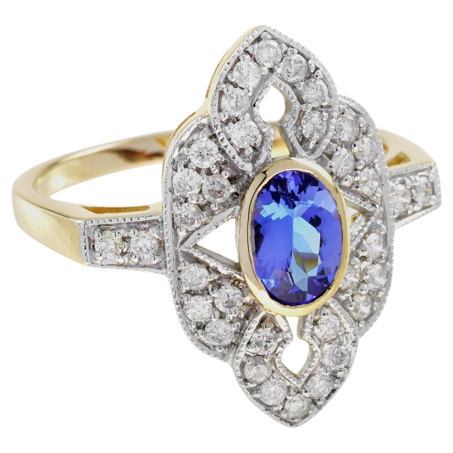 Blue Violet Tanzanite & Diamonds Halo Art Deco Style Statement Gold Ring in vendita
