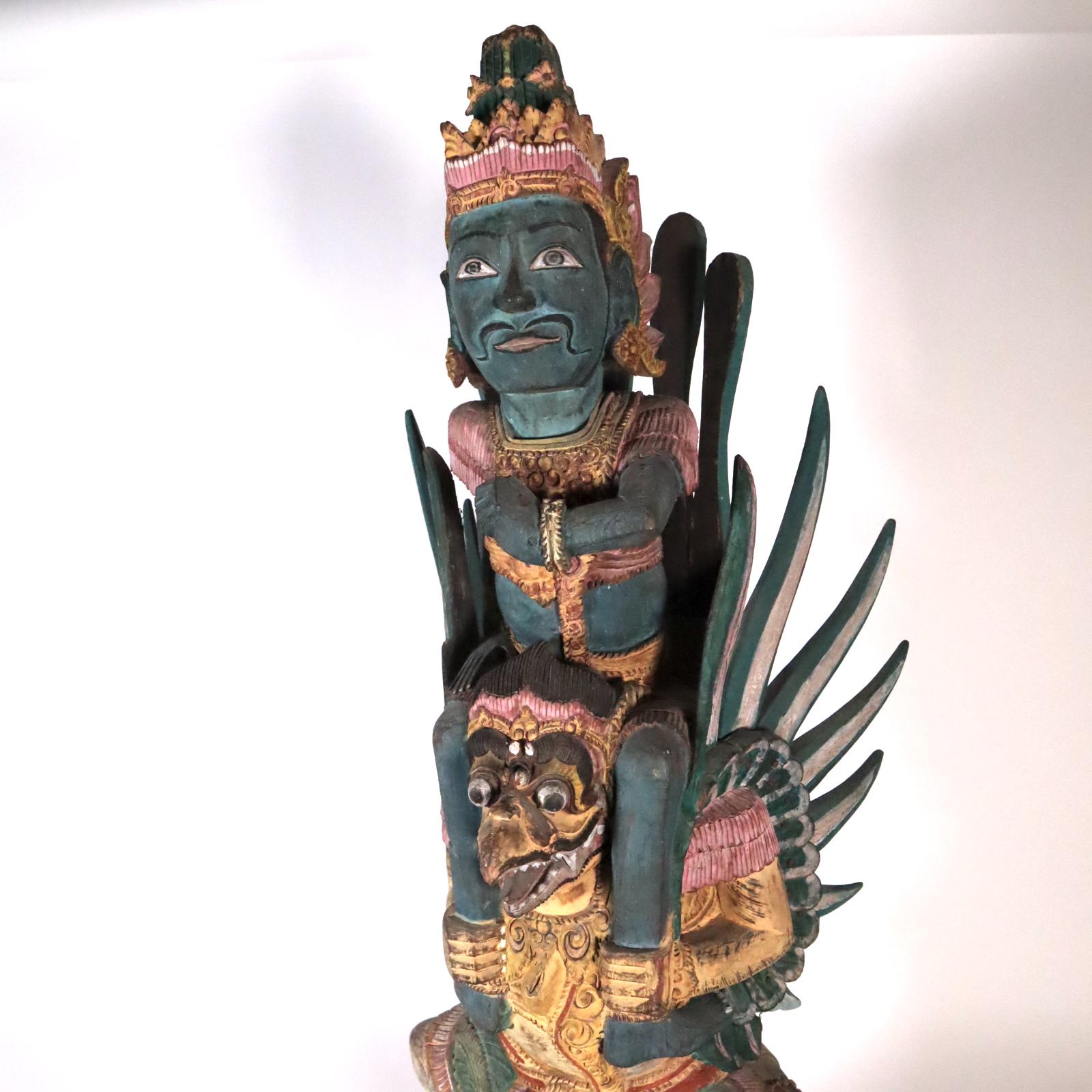 Hand-Carved Blue Vishnu Riding Garuda Painted Wood Balinese Indonesian Art For Sale