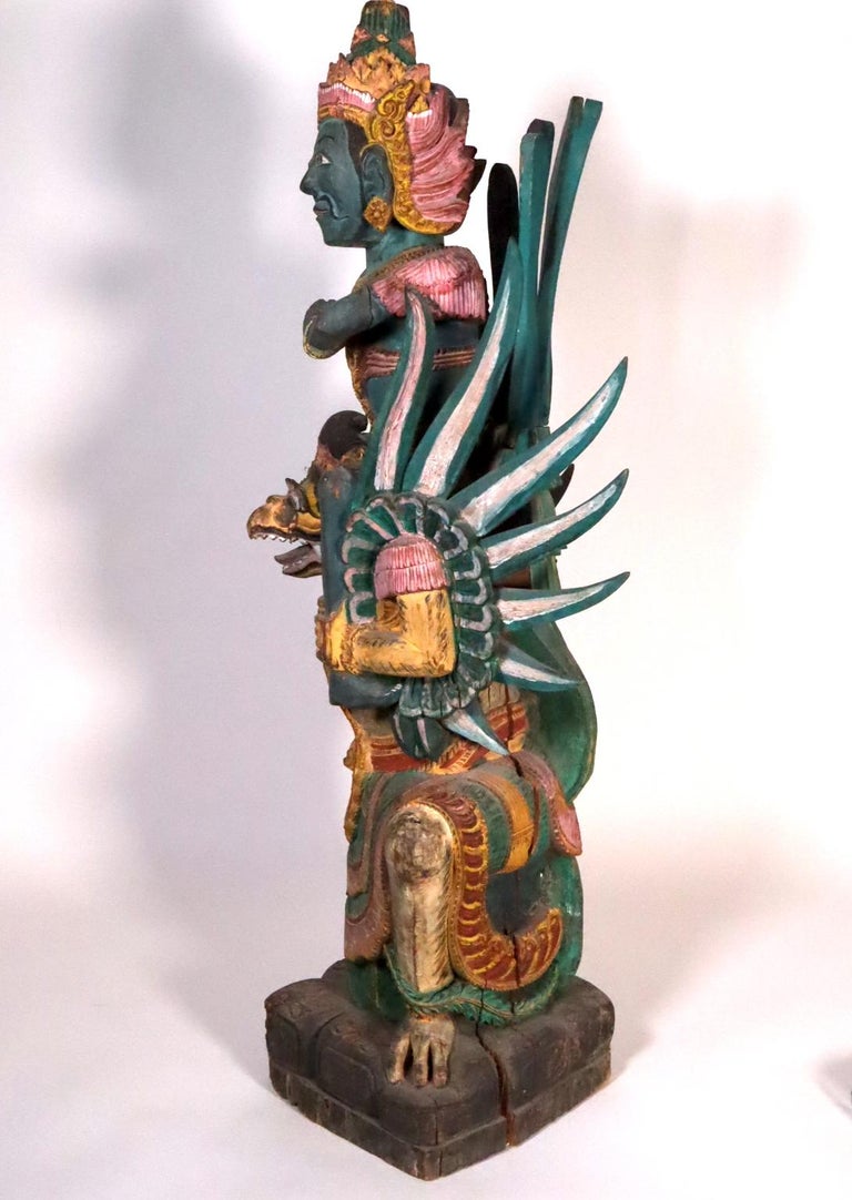 Blue Vishnu Riding Garuda Painted Wood Balinese Indonesian Art For Sale