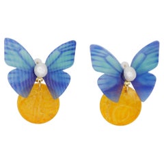 Blue Vivid Butterfly Yellow Shell Round Circle White Pearl Pierced Drop Earrings