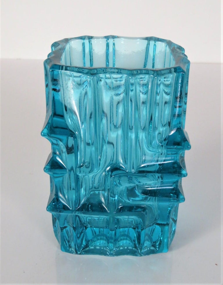 Pressed Blue Vladislav Urban Glass Vase Sklo Union Rosice Glassworks Czechoslovakia 1968 For Sale