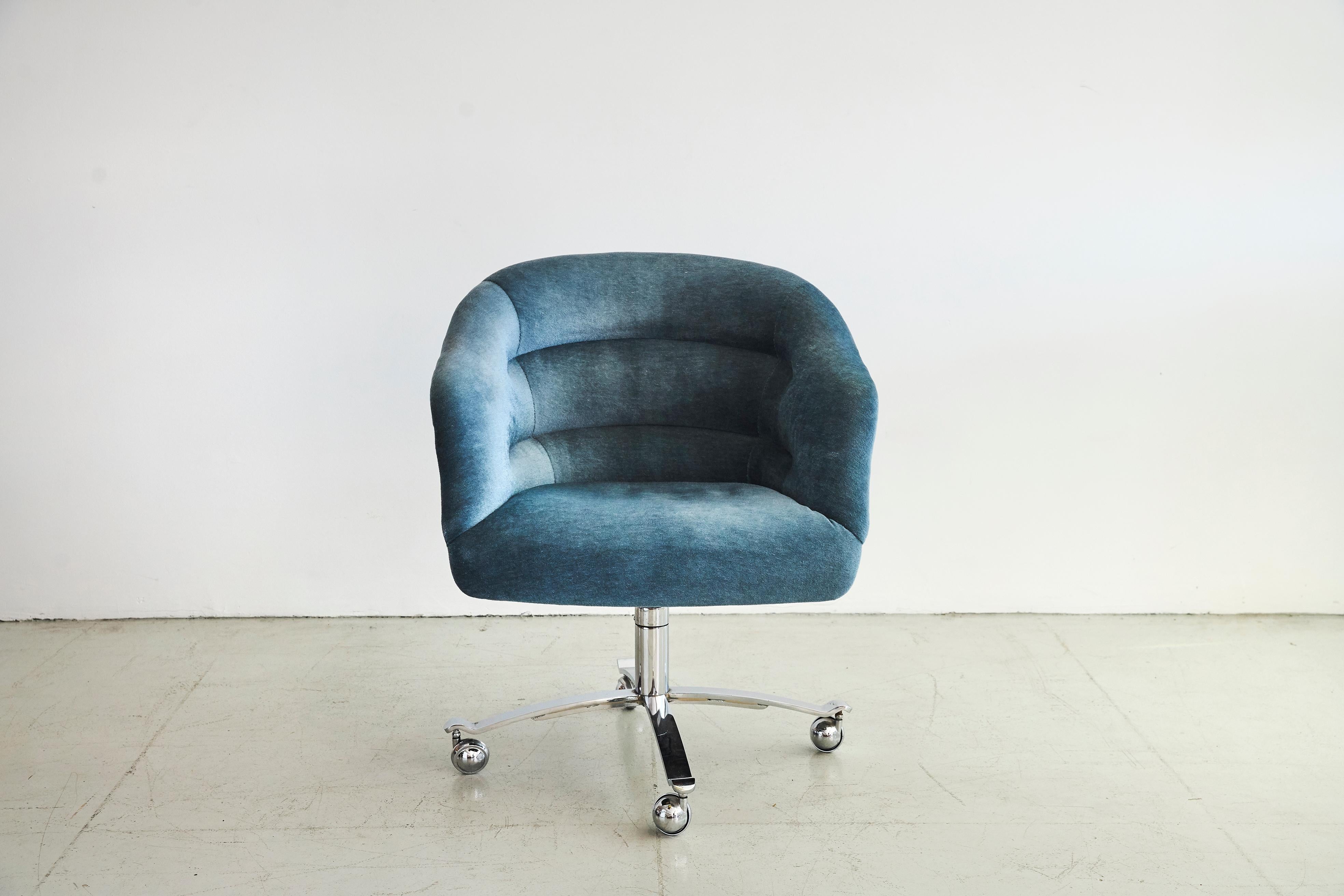 Vintage office chair by Ward Bennet.
Newly upholstered in blue Mohair.
Chrome base and casters.