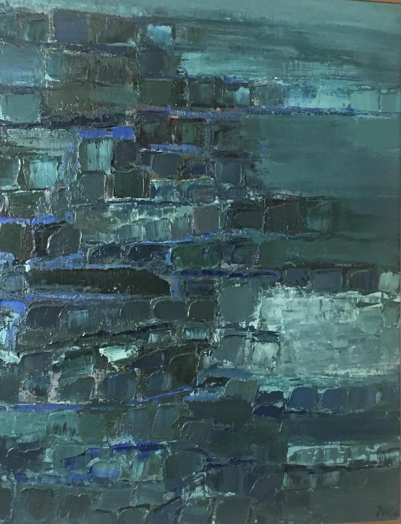 French Blue Water Abstract Art Composition by Mark Janson, circa 1958  For Sale