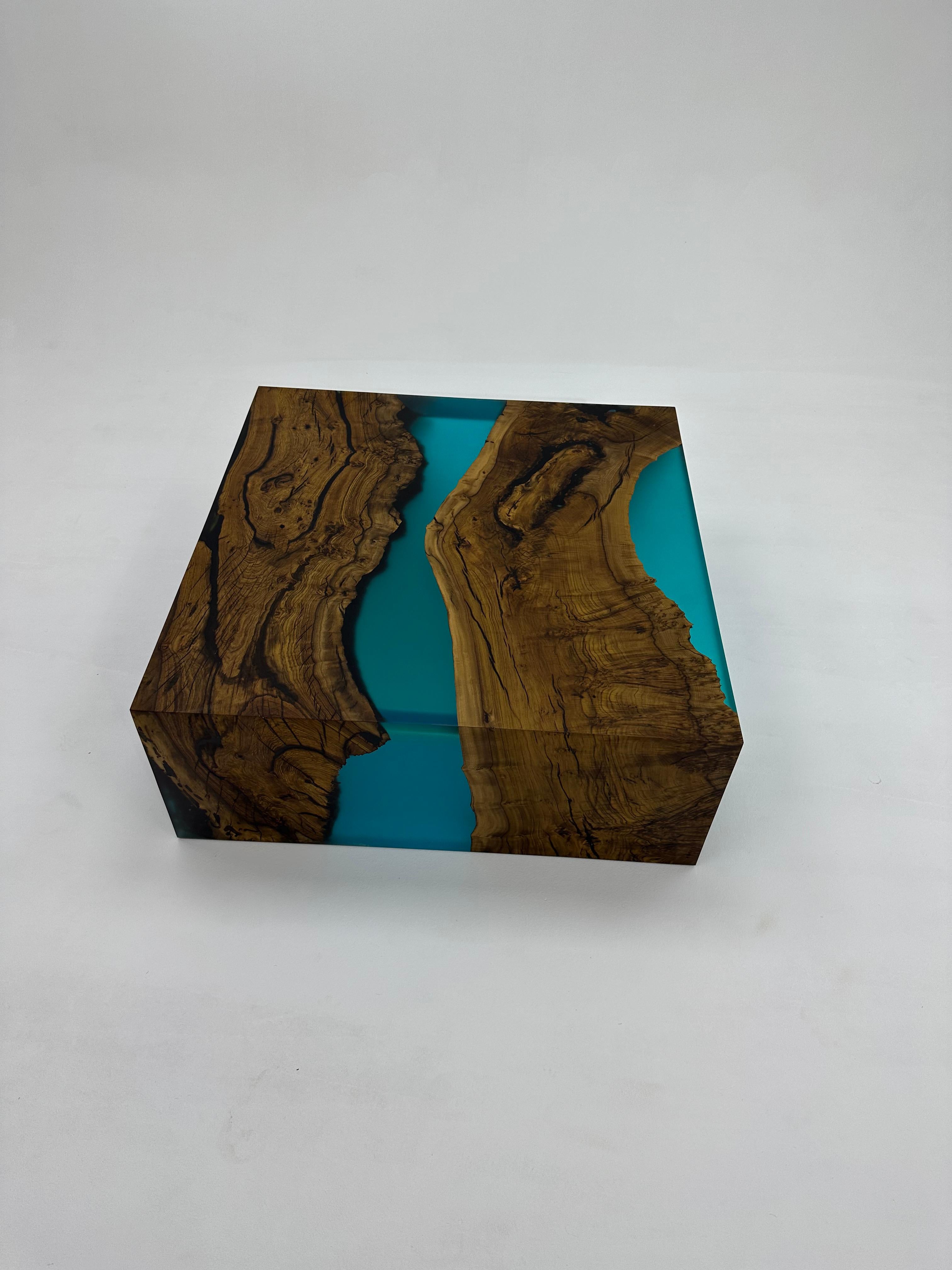 Modern Blue Waterfall Epoxy Resin Coffee Table With Ancient Walnut Wood For Sale