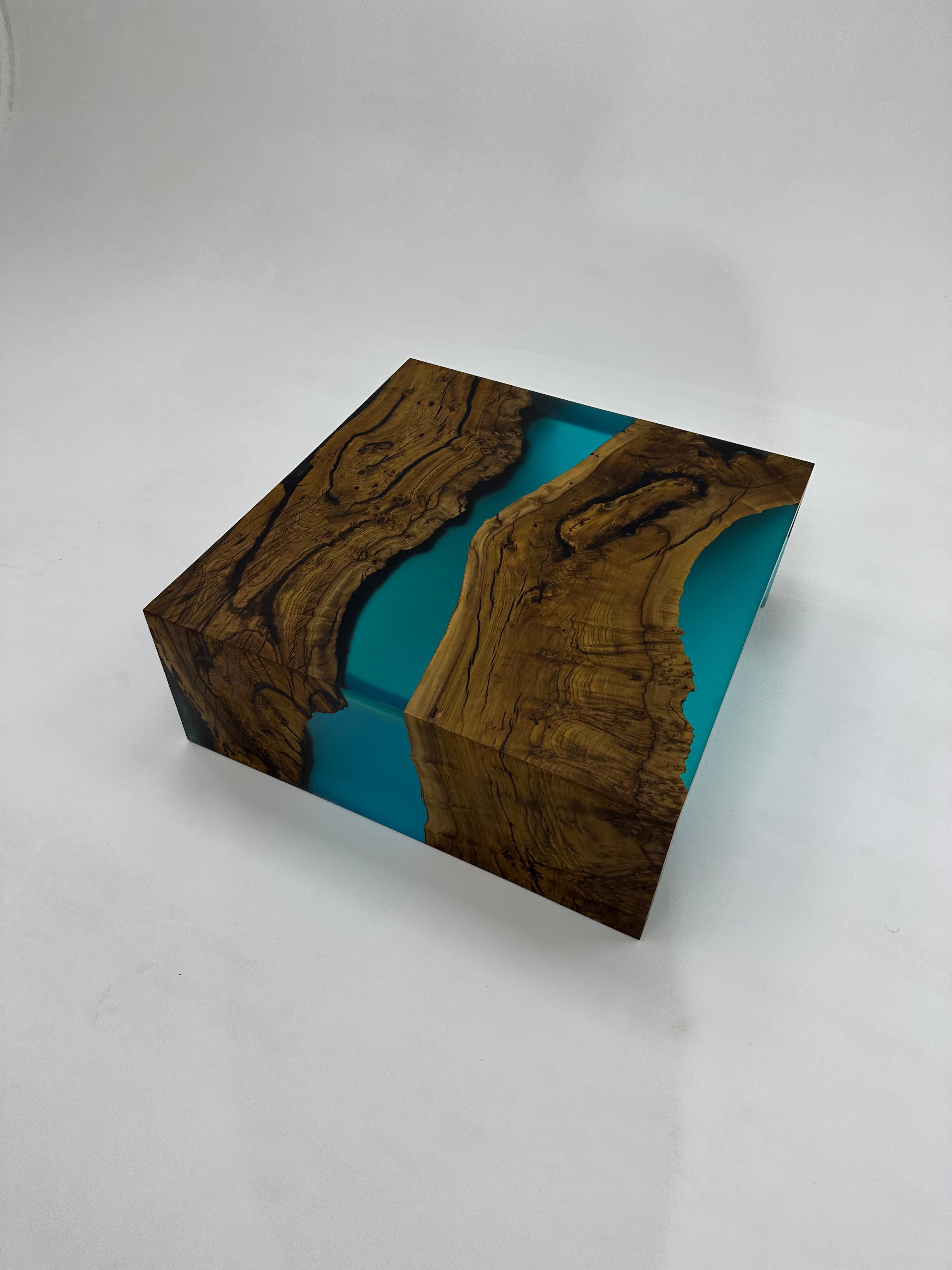 Turkish Blue Waterfall Epoxy Resin Coffee Table With Ancient Walnut Wood For Sale