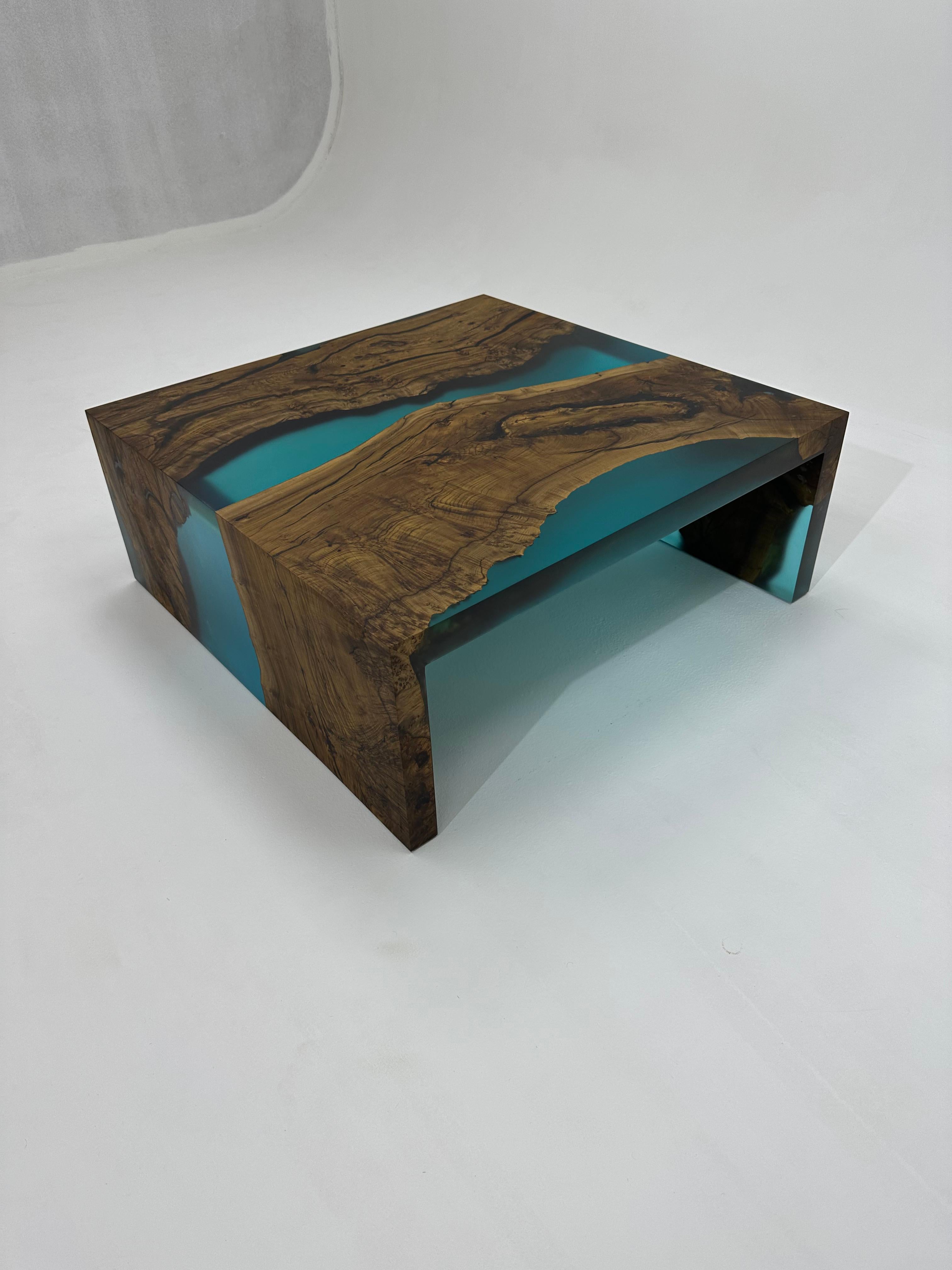 Contemporary Blue Waterfall Epoxy Resin Coffee Table With Ancient Walnut Wood For Sale